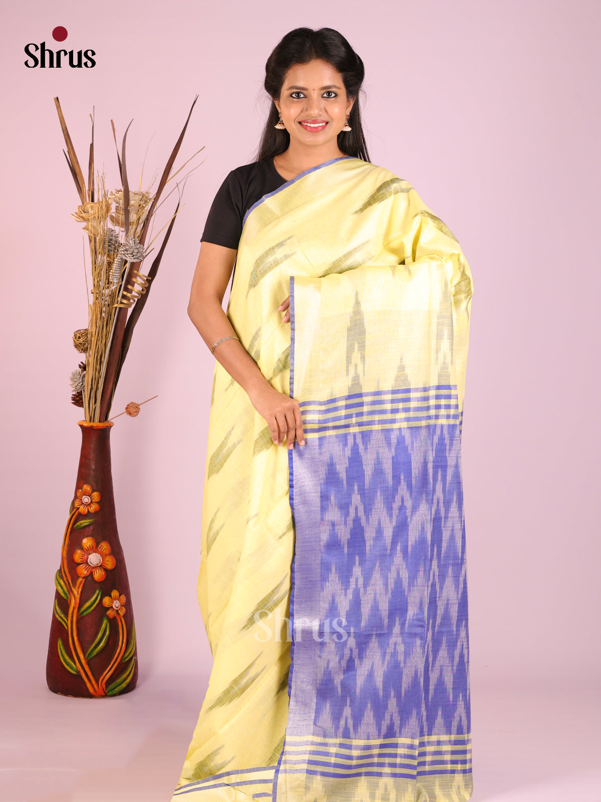 Yellow & Purple - Semi Ikkat Saree