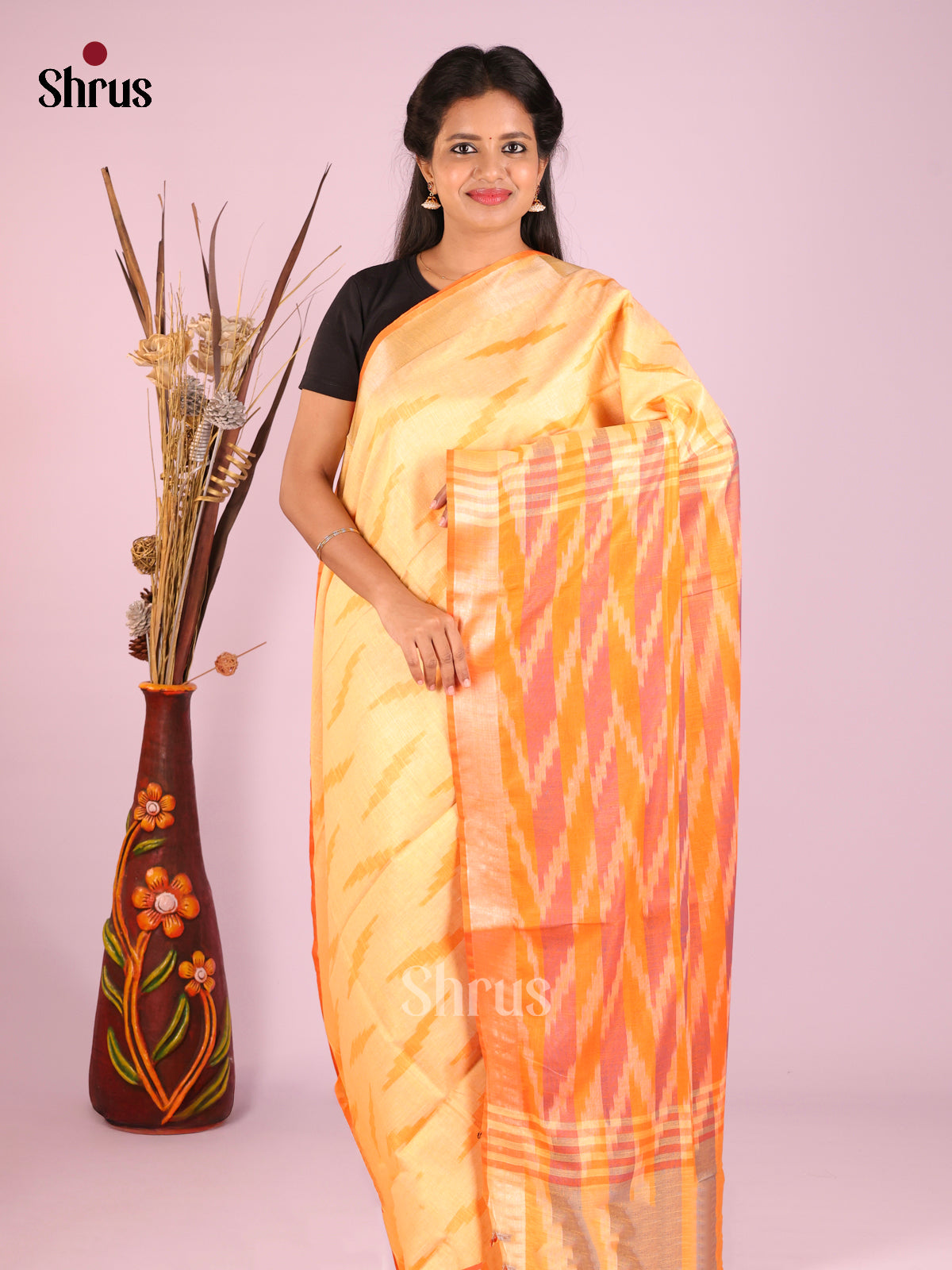Yellow & Orange - Semi Ikkat Saree - Shop on Shrus.com