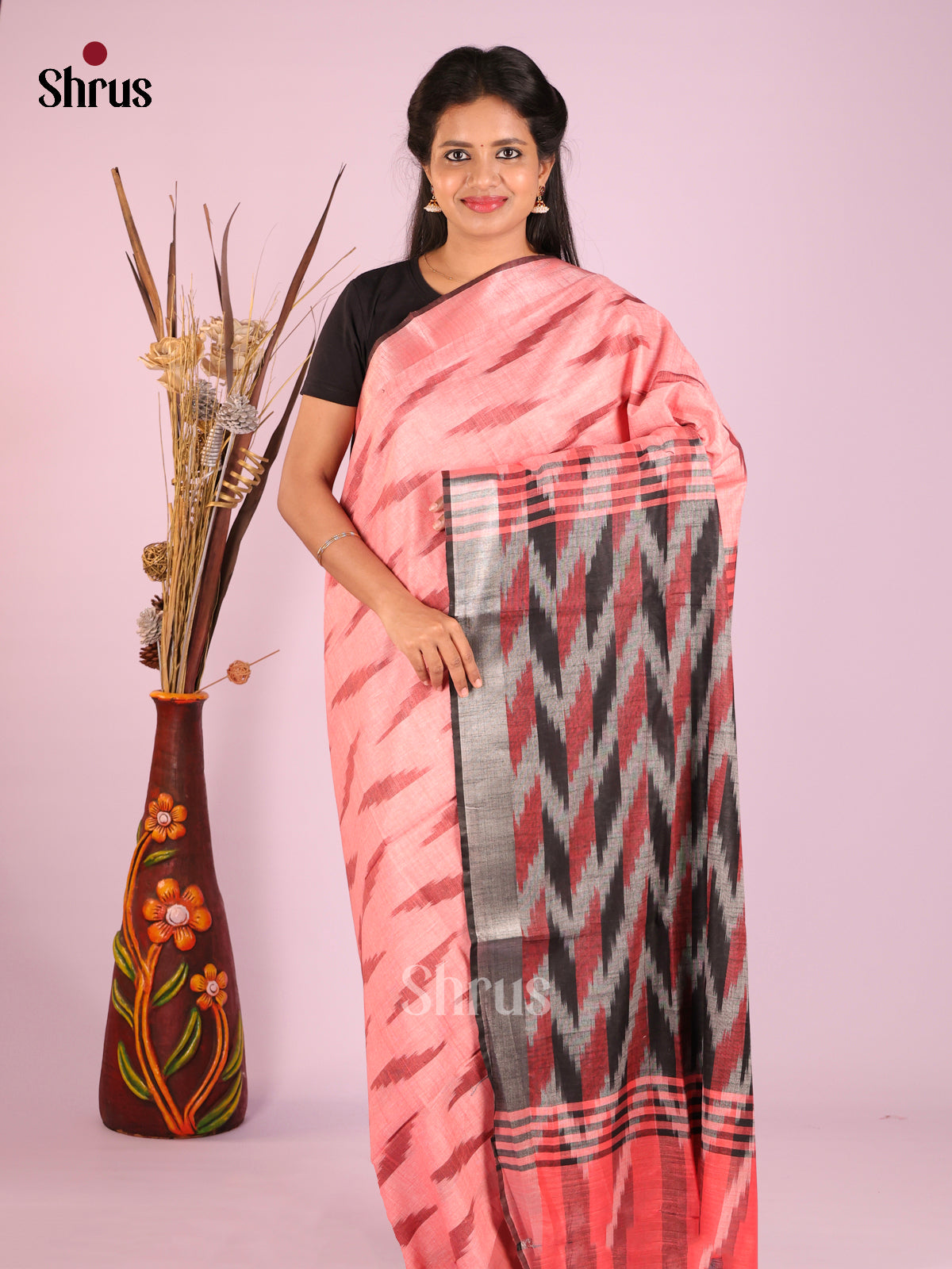 Pink & Grey - Semi Ikkat Saree - Shop on Shrus.com