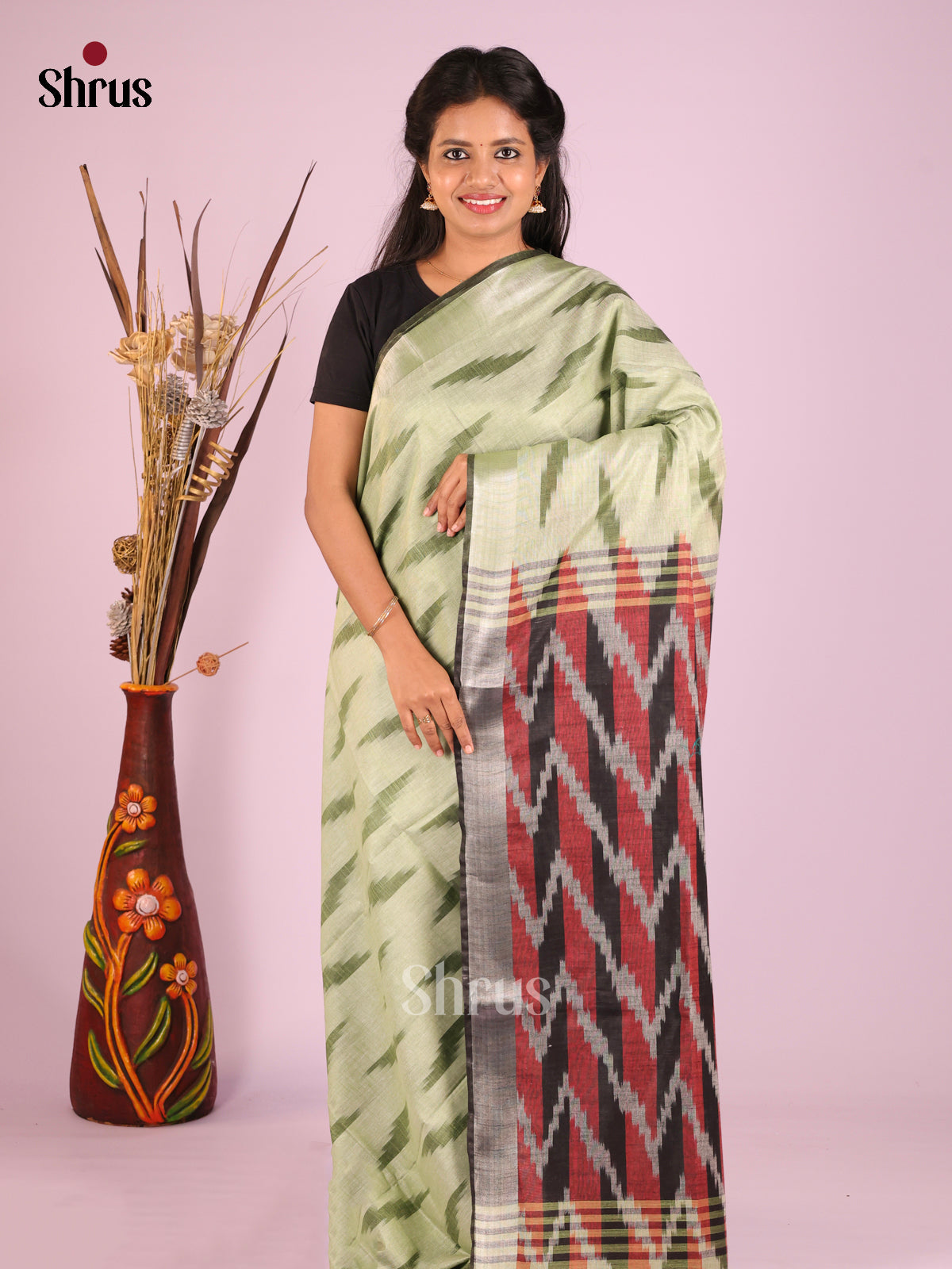 Light Green & Grey - Semi Ikkat Saree - Shop on Shrus.com