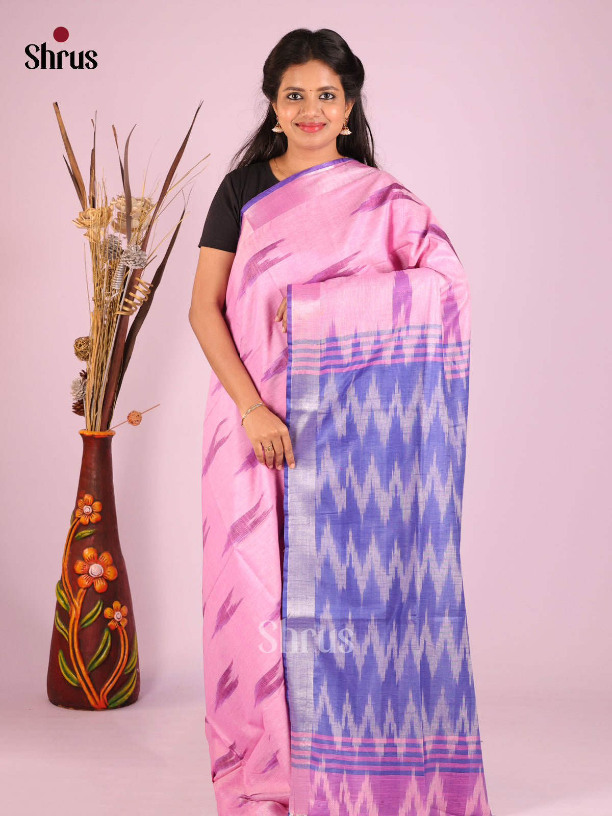 Pink & Purple- Semi Ikkat Saree - Shop on Shrus.com
