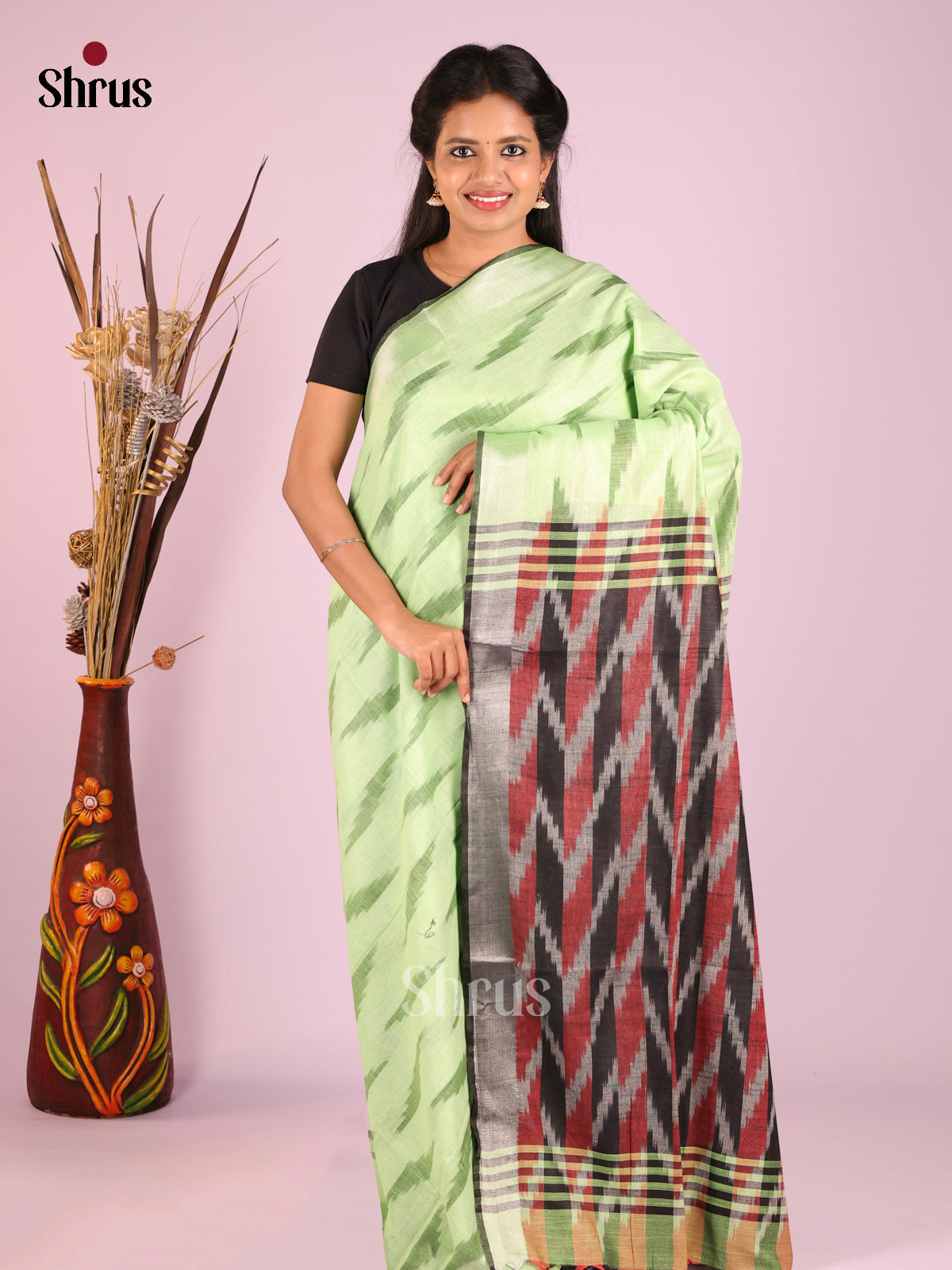 Pista Green & Grey - Semi Ikkat Saree - Shop on Shrus.com
