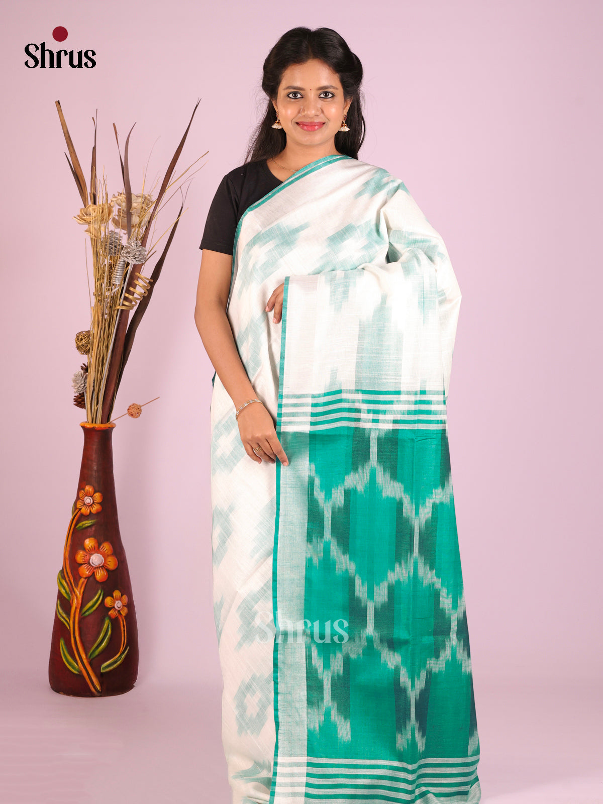 White & Green - Semi Ikkat Saree - Shop on Shrus.com