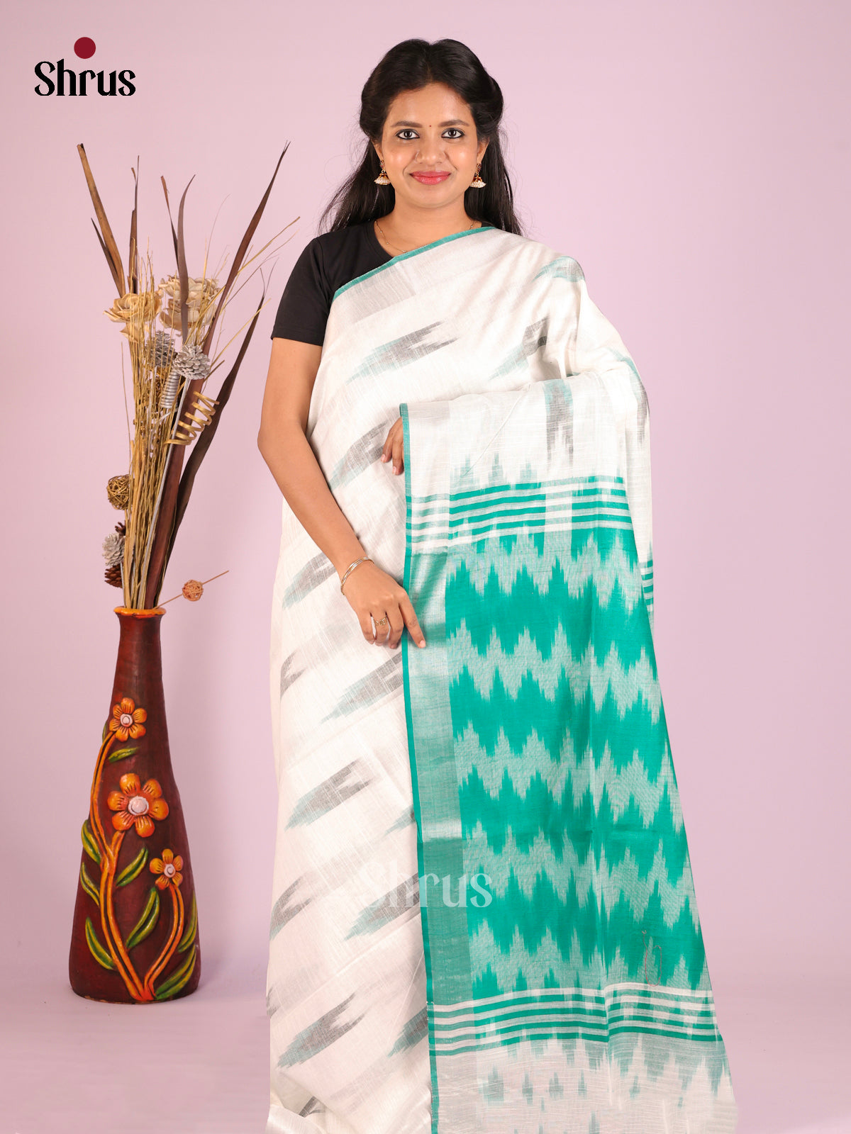 White & Green - Semi Ikkat Saree