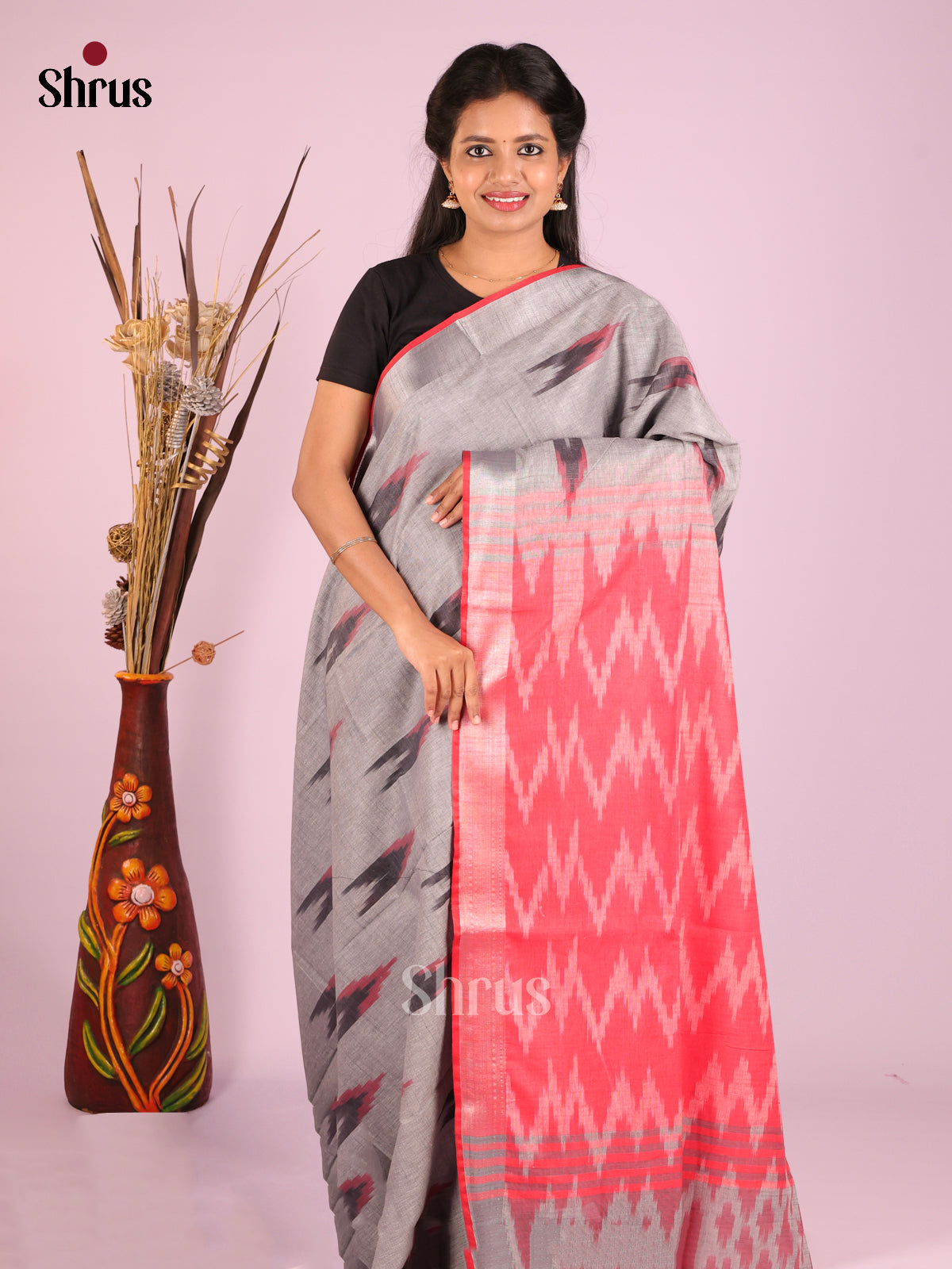 Grey & Red- Semi Ikkat Saree - Shop on Shrus.com
