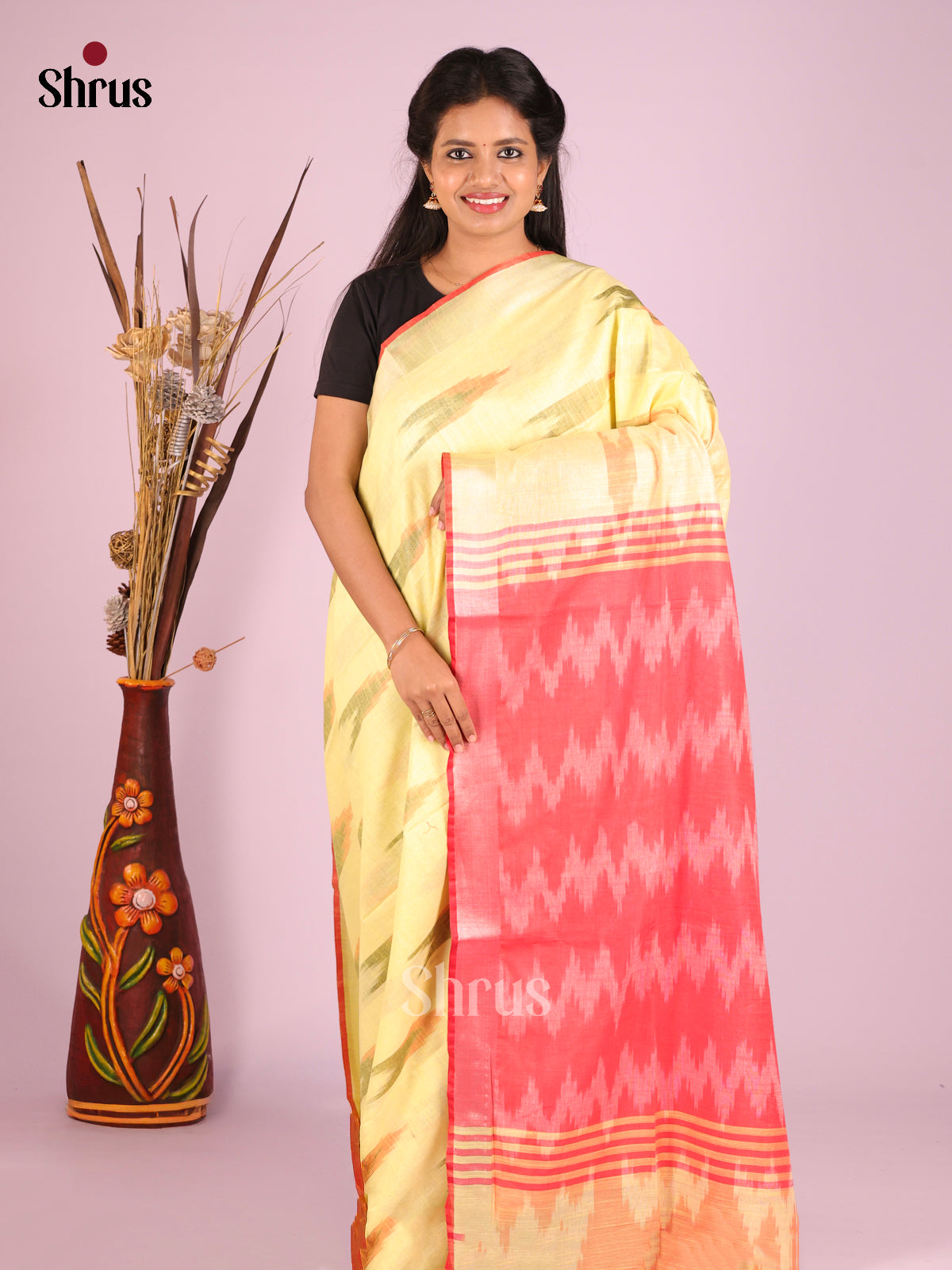 Yellow & Pink - Semi Ikkat Saree - Shop on Shrus.com