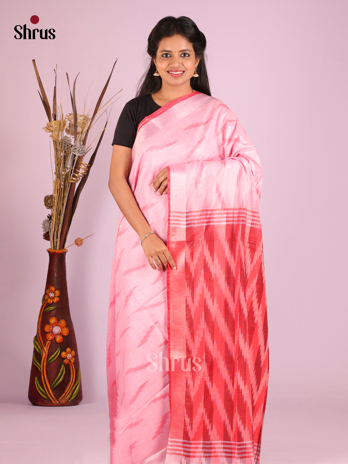 Pink & Red- Semi Ikkat Saree - Shop on Shrus.com