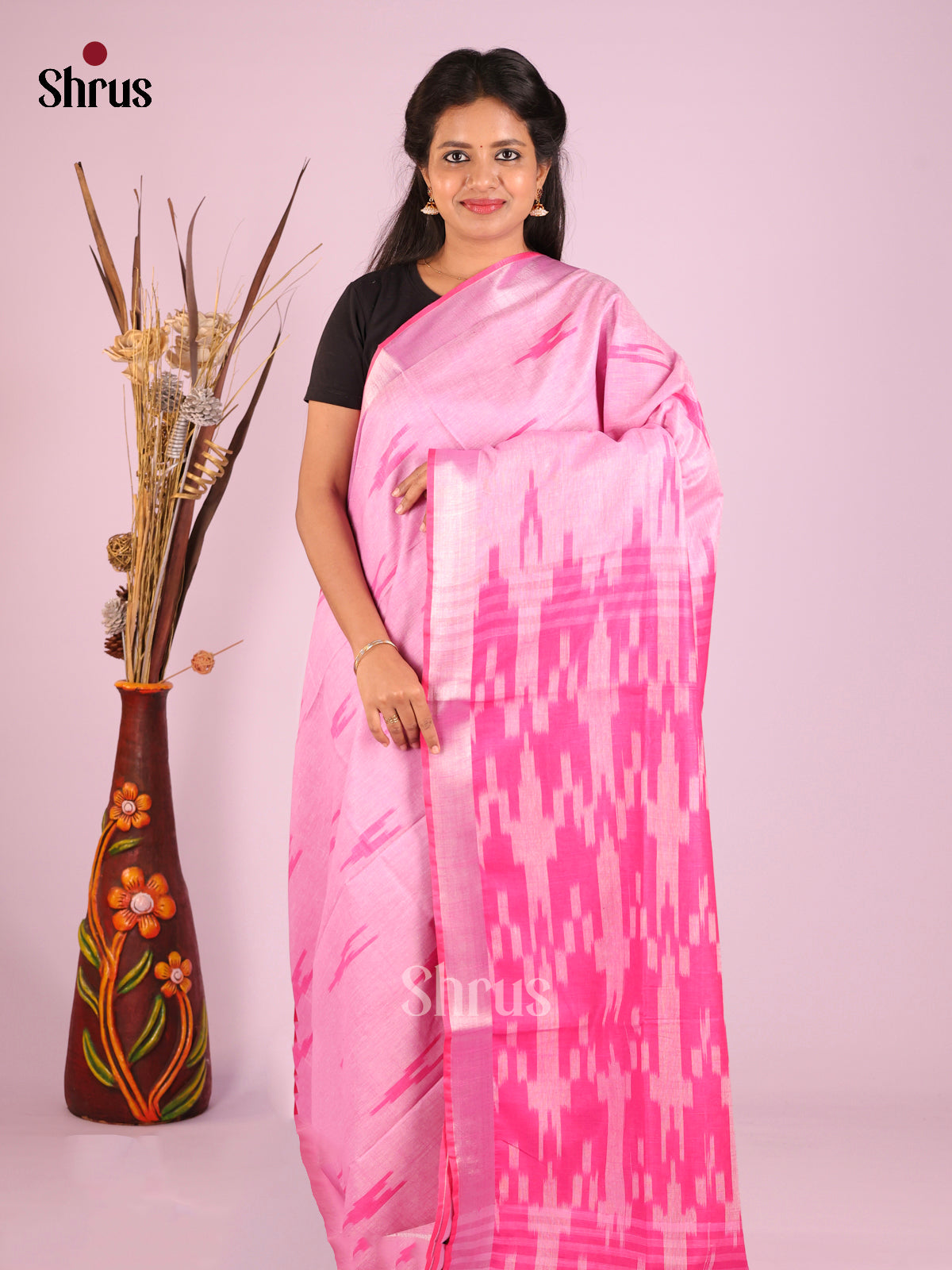 Pink - Semi Ikkat Saree - Shop on Shrus.com