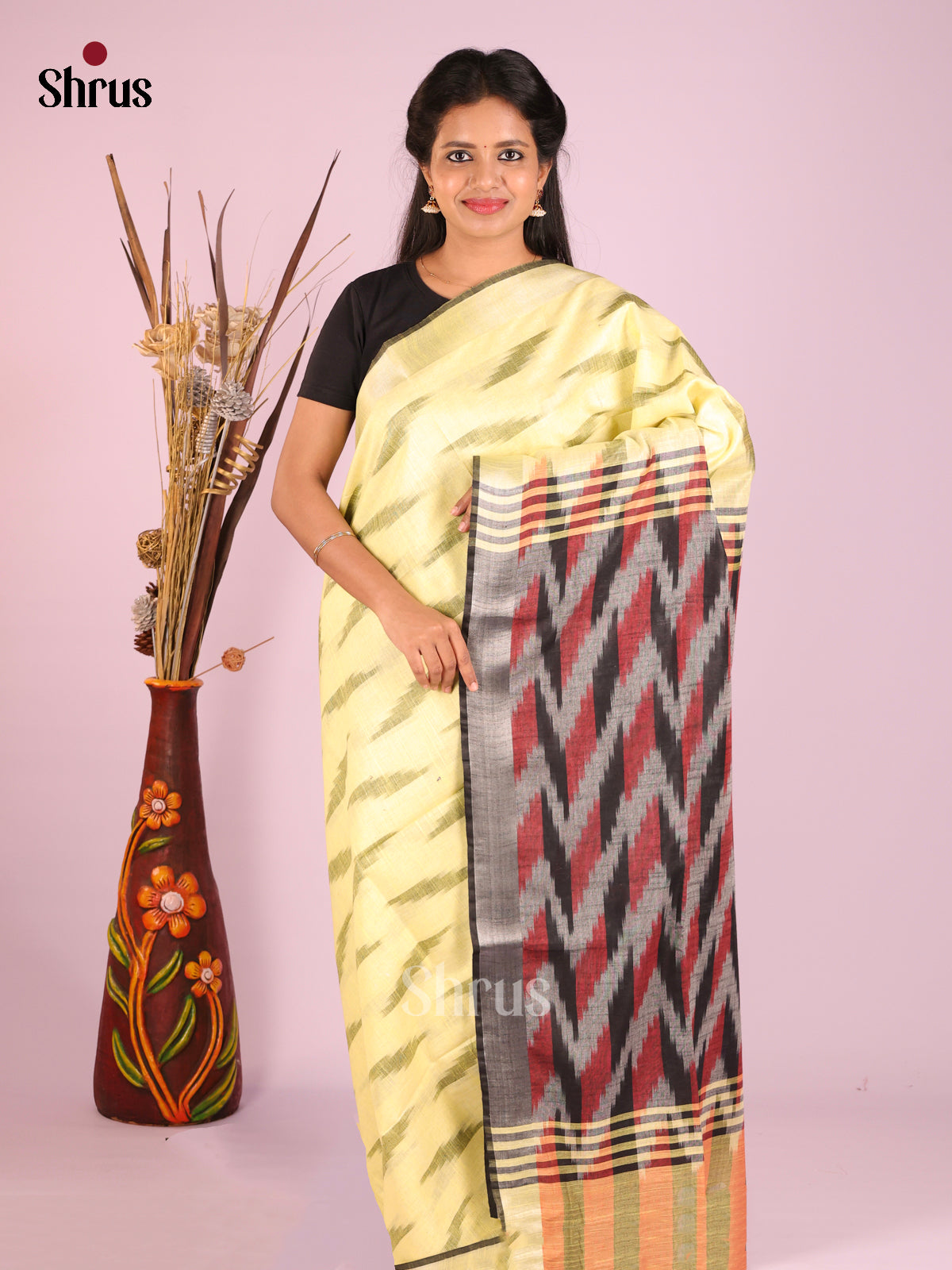 Yellow & Grey - Semi Ikkat Saree - Shop on Shrus.com