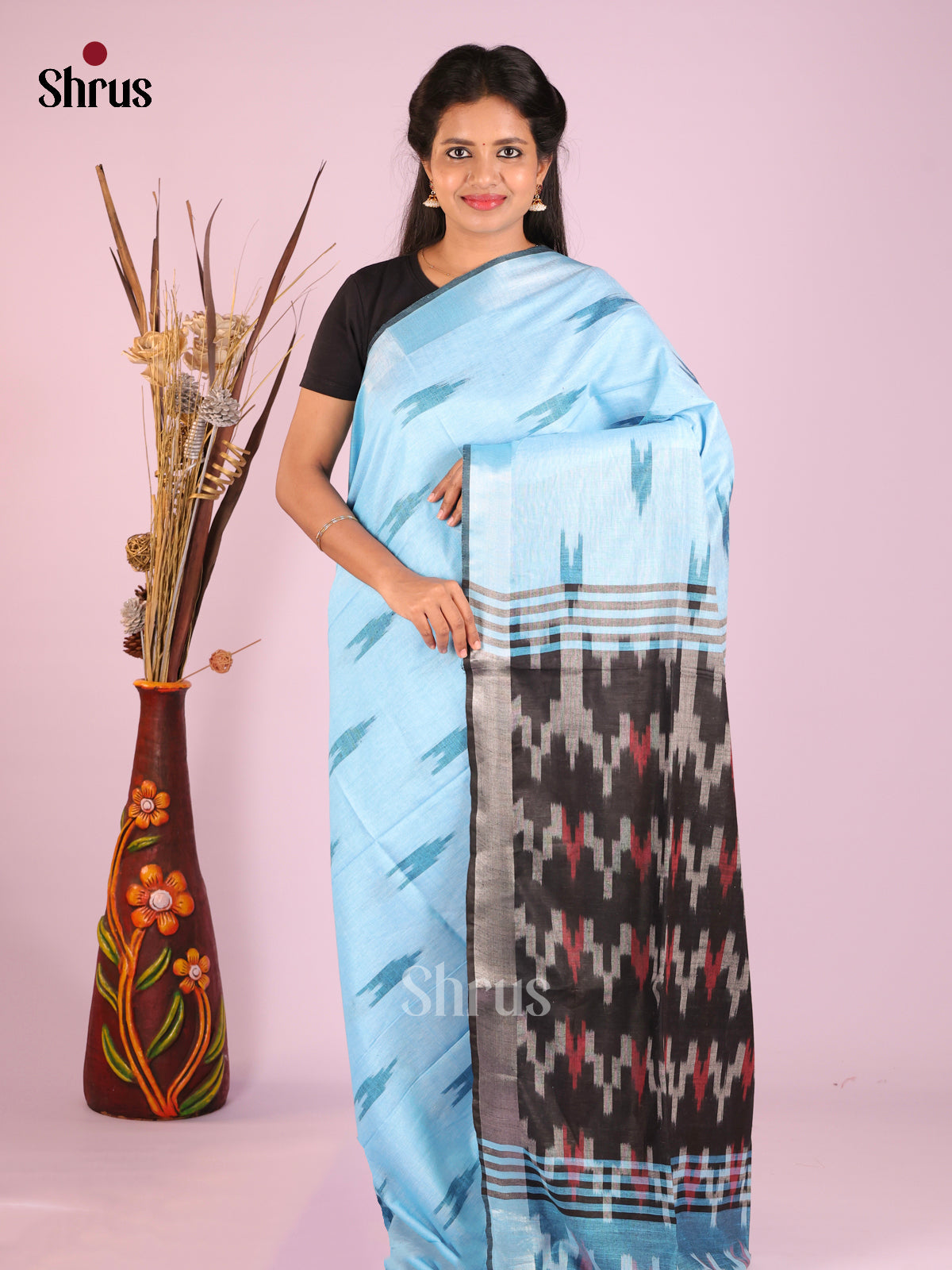 Light Blue & Grey - Semi Ikkat Saree - Shop on Shrus.com
