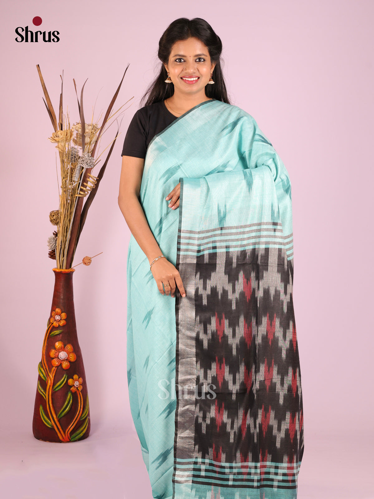 Pastel Blue & grey - Semi Ikkat Saree - Shop on Shrus.com