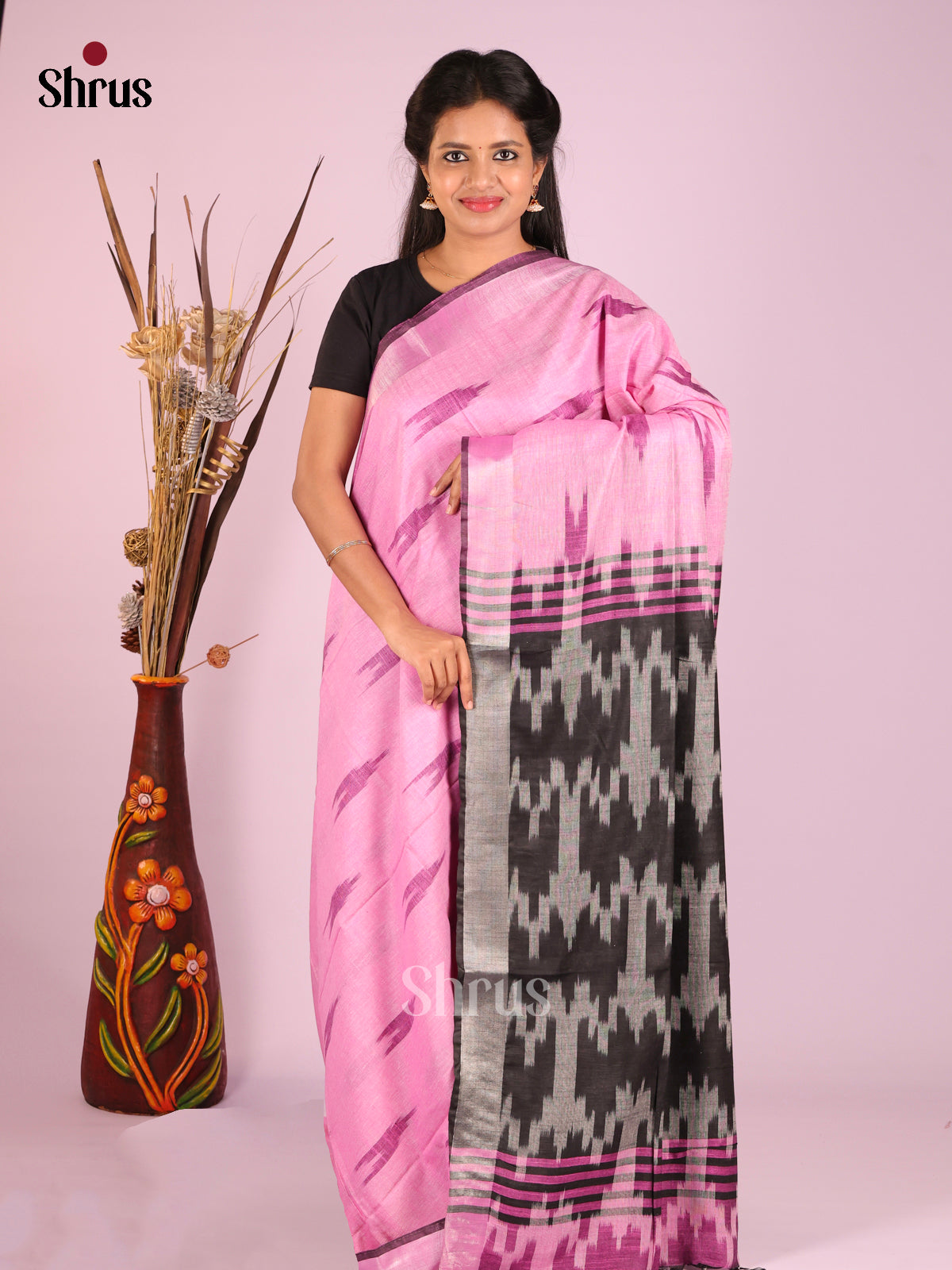 Pink & Grey - Semi Ikkat Saree - Shop on Shrus.com