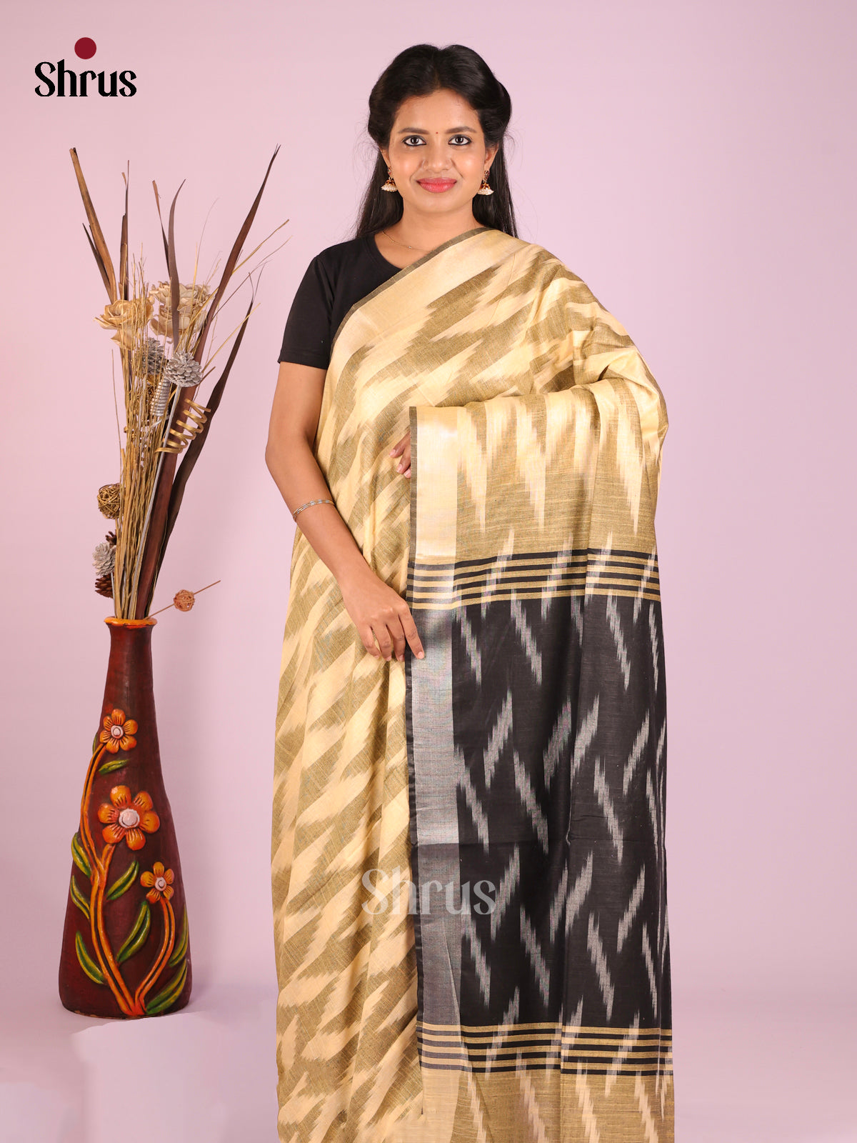 Cream & Black - Semi Ikkat Saree