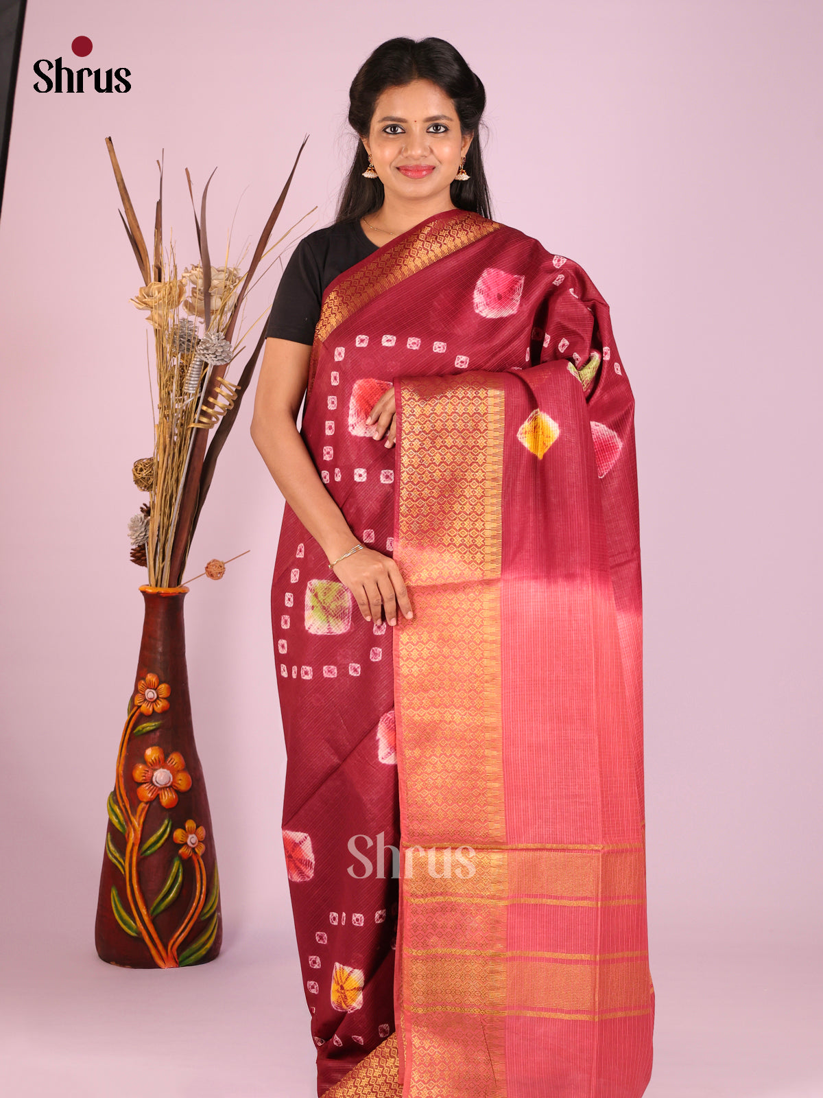 Maroon & Orangish Pink - Shibori Saree - Shop on Shrus.com