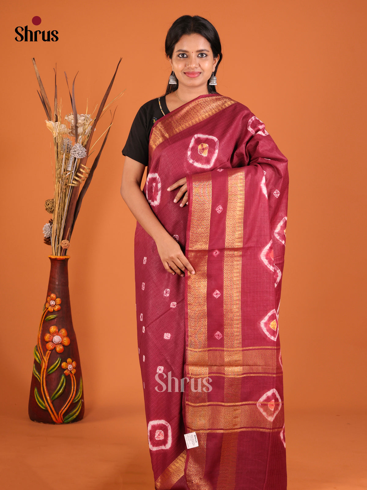 Maroon - Shibori Saree - Shop on Shrus.com