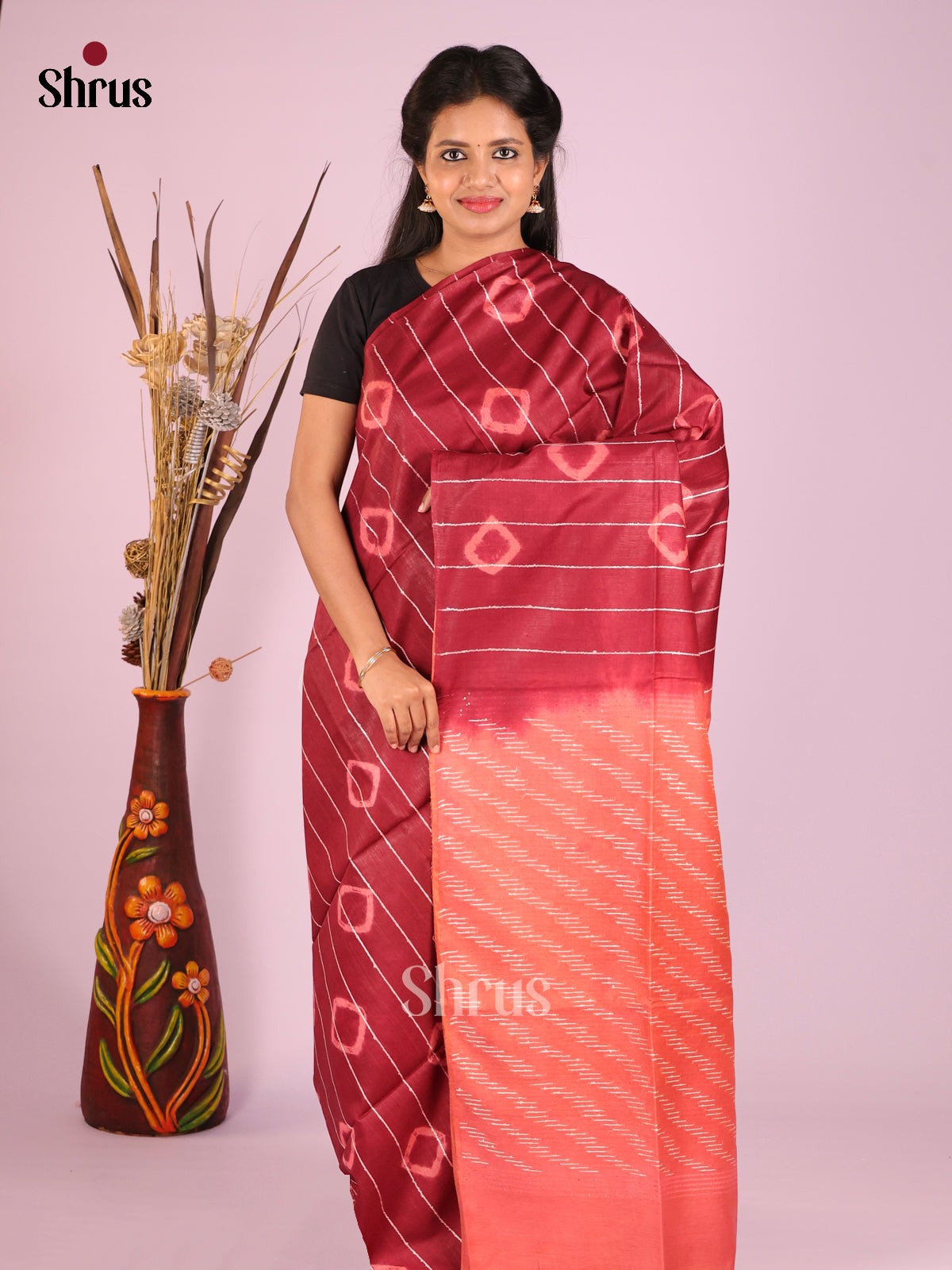 Maroon & Orangish Pink - Shibori Saree - Shop on Shrus.com