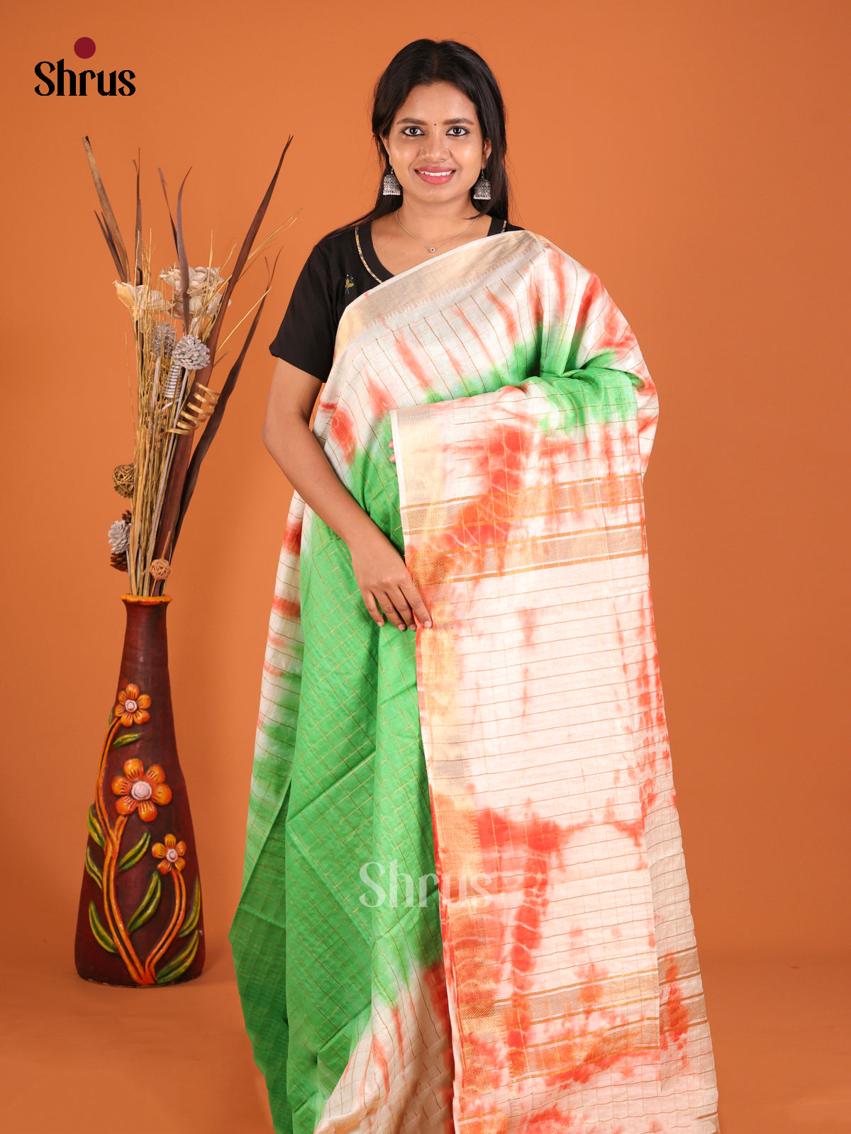 Green & Orange - Shibori Saree - Shop on Shrus.com