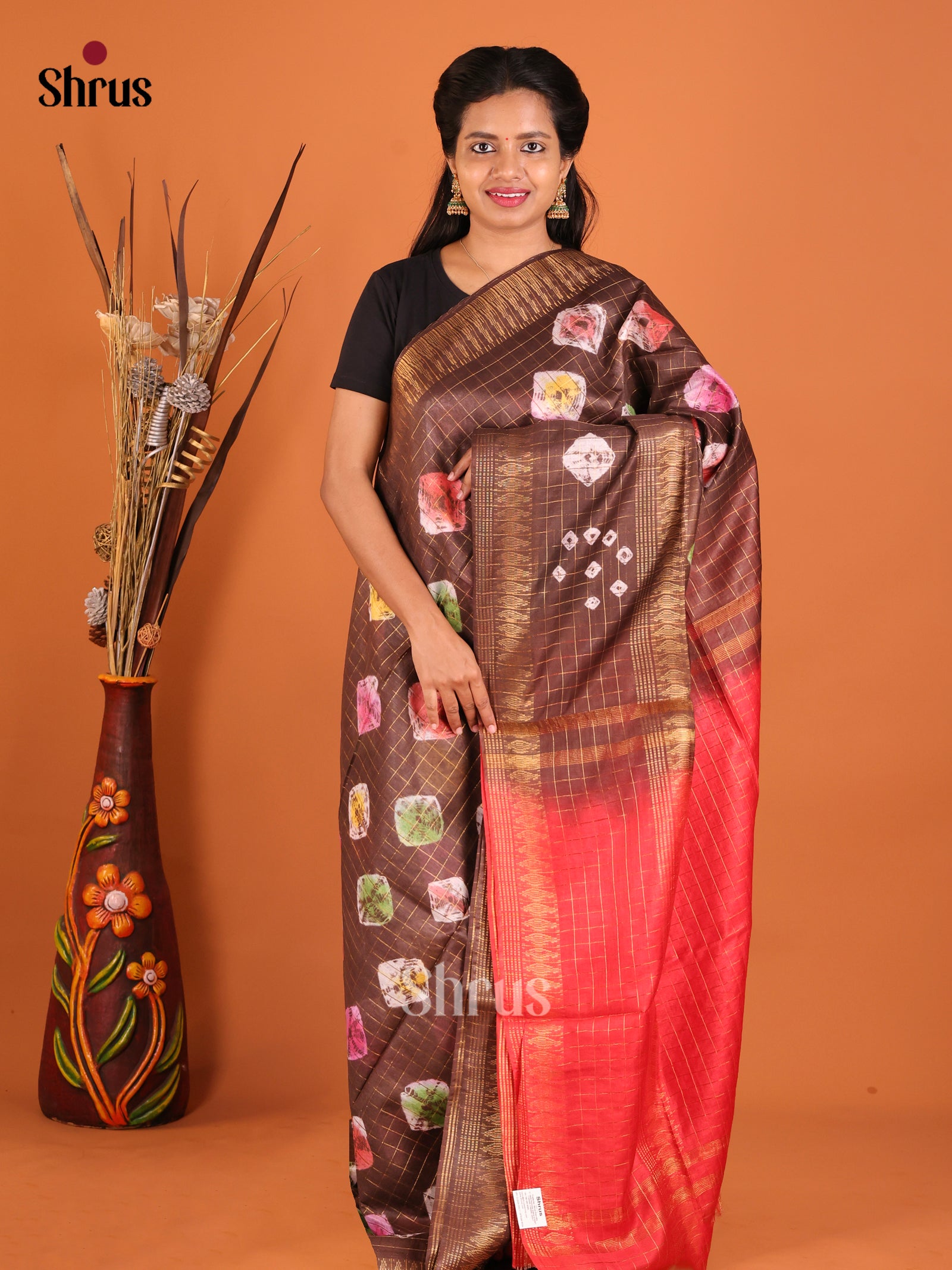 Brown & Red - Shibori Saree