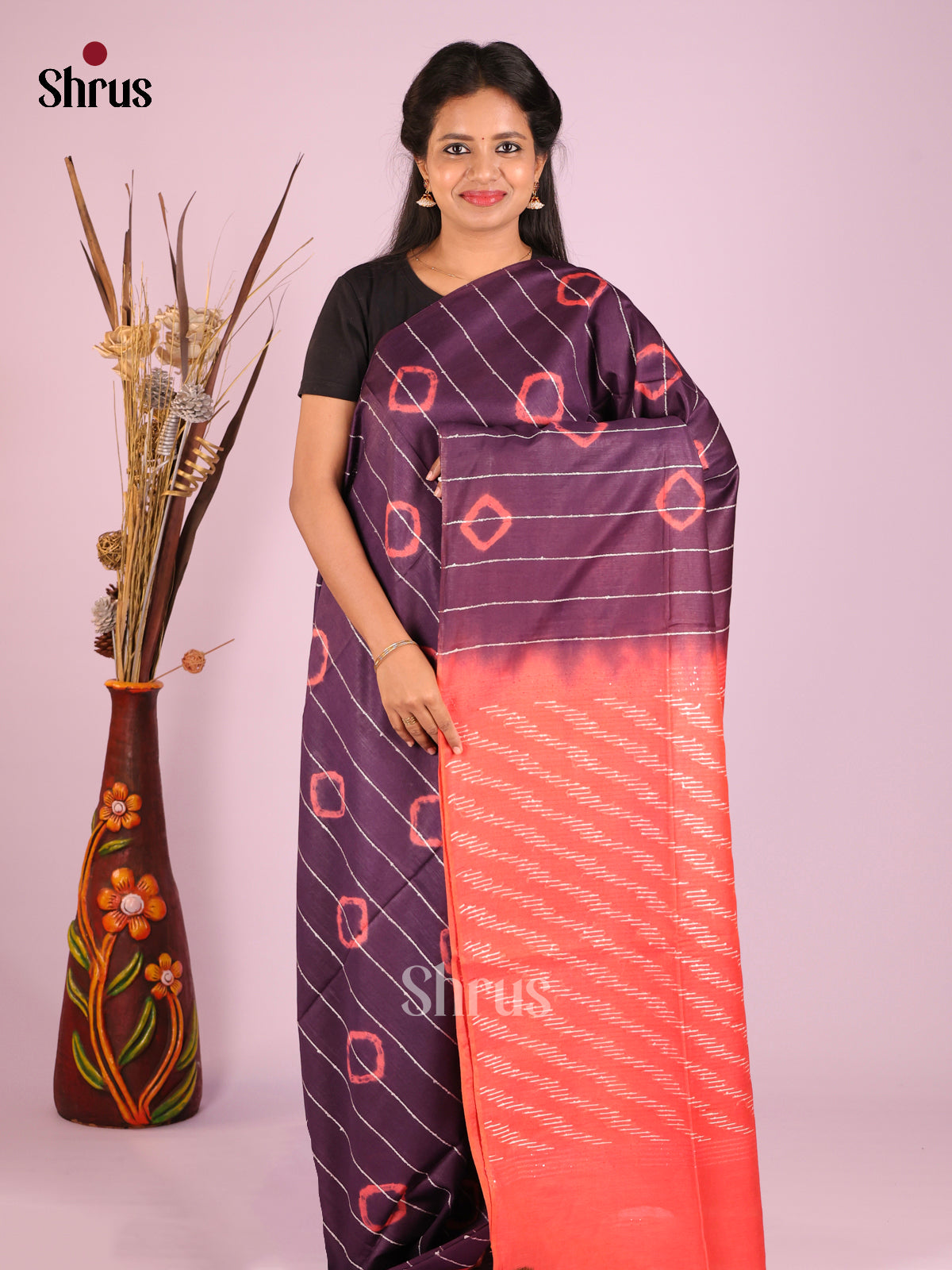 Jamun & Orangish Pink - Shibori Saree - Shop on Shrus.com