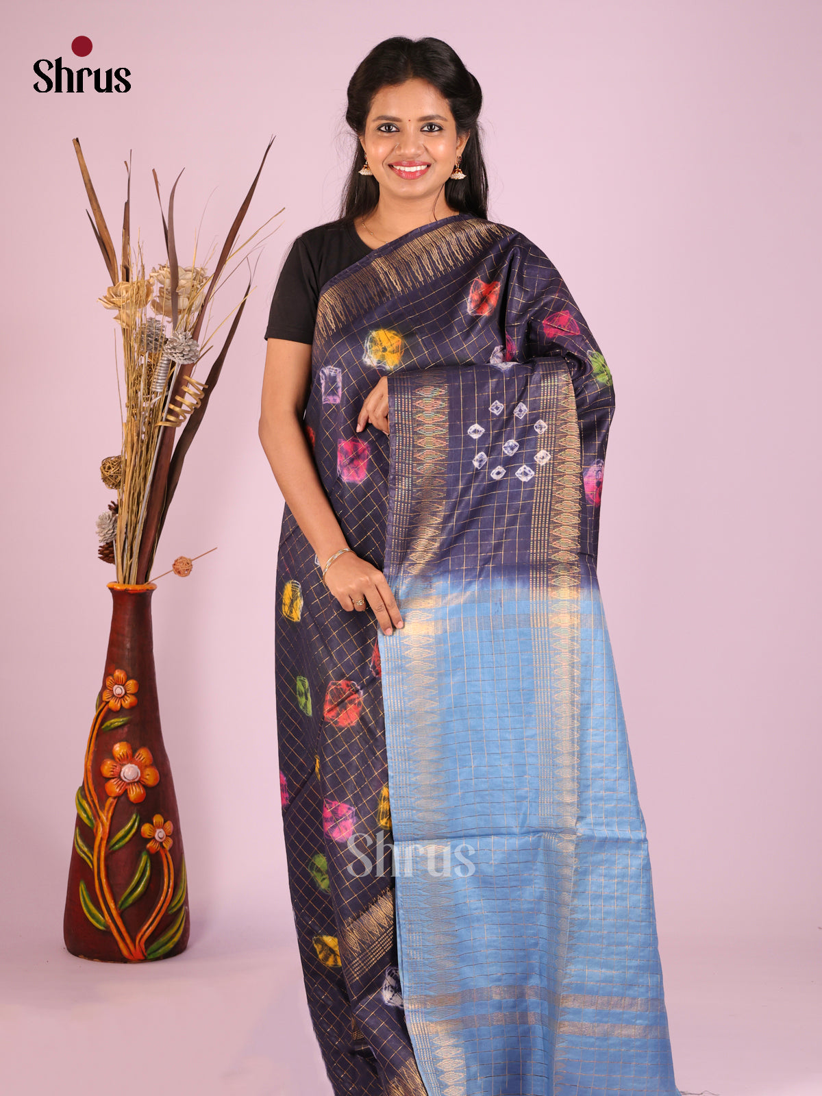 Navy Blue & Blue - Shibori Saree - Shop on Shrus.com