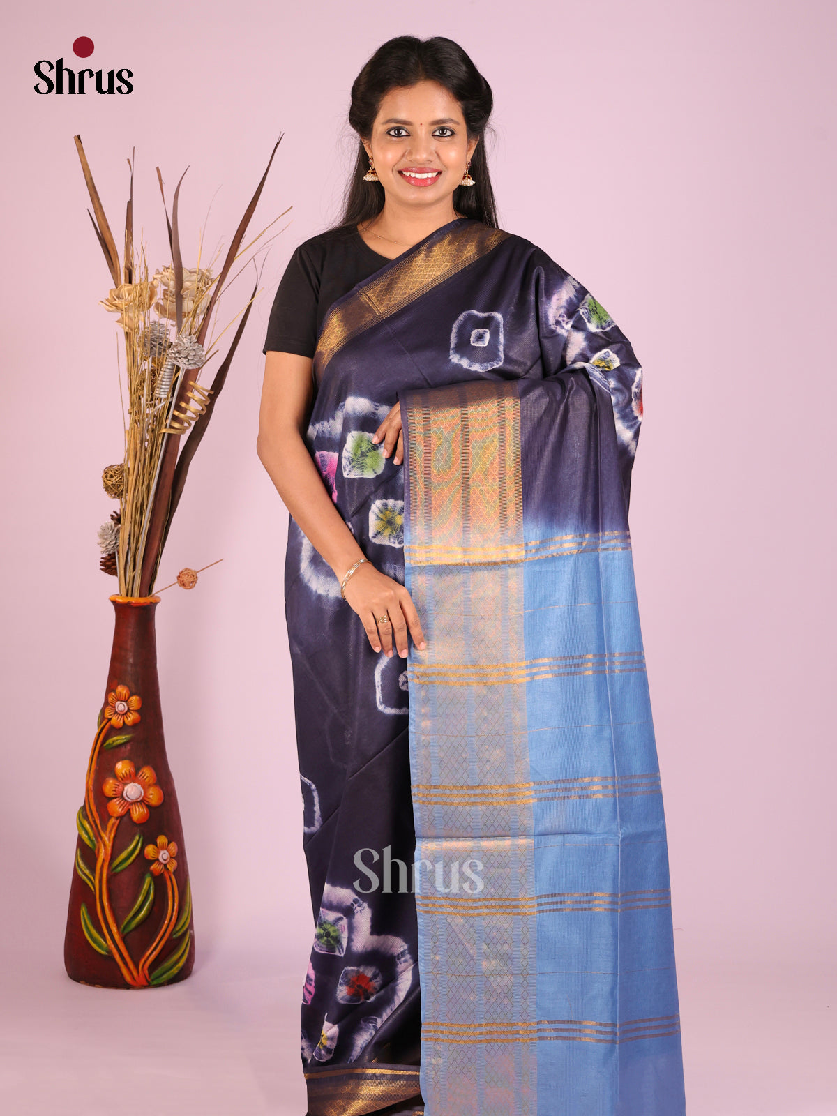 Navy Blue & Blue- Shibori Saree - Shop on Shrus.com