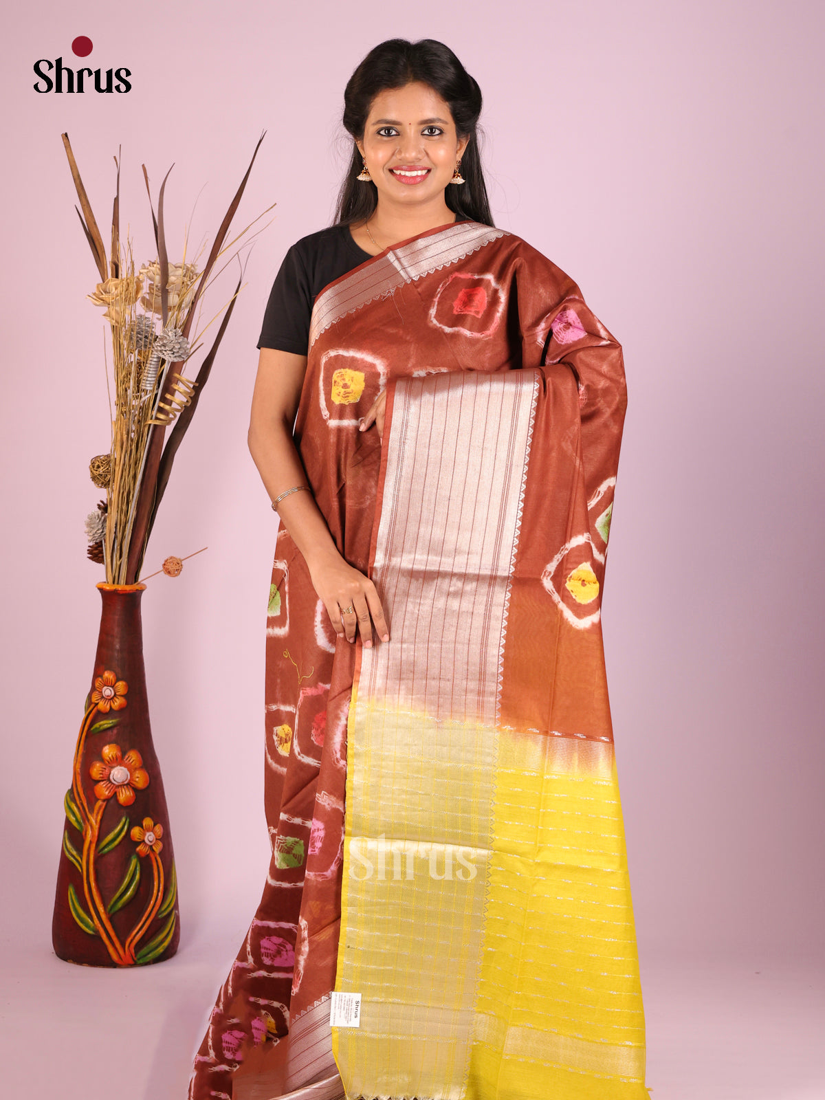 Maroon & yellow - Shibori Saree - Shop on Shrus.com