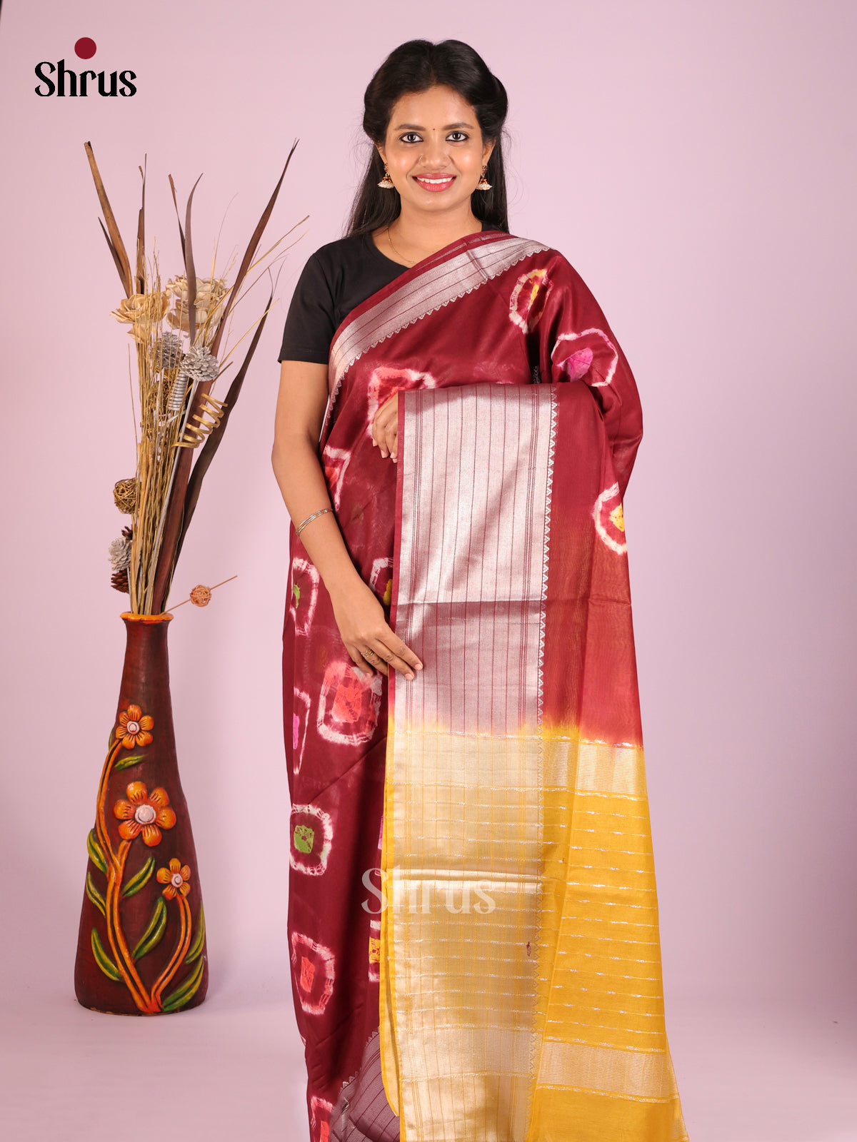 Maroon & Mustard- Shibori Saree - Shop on Shrus.com