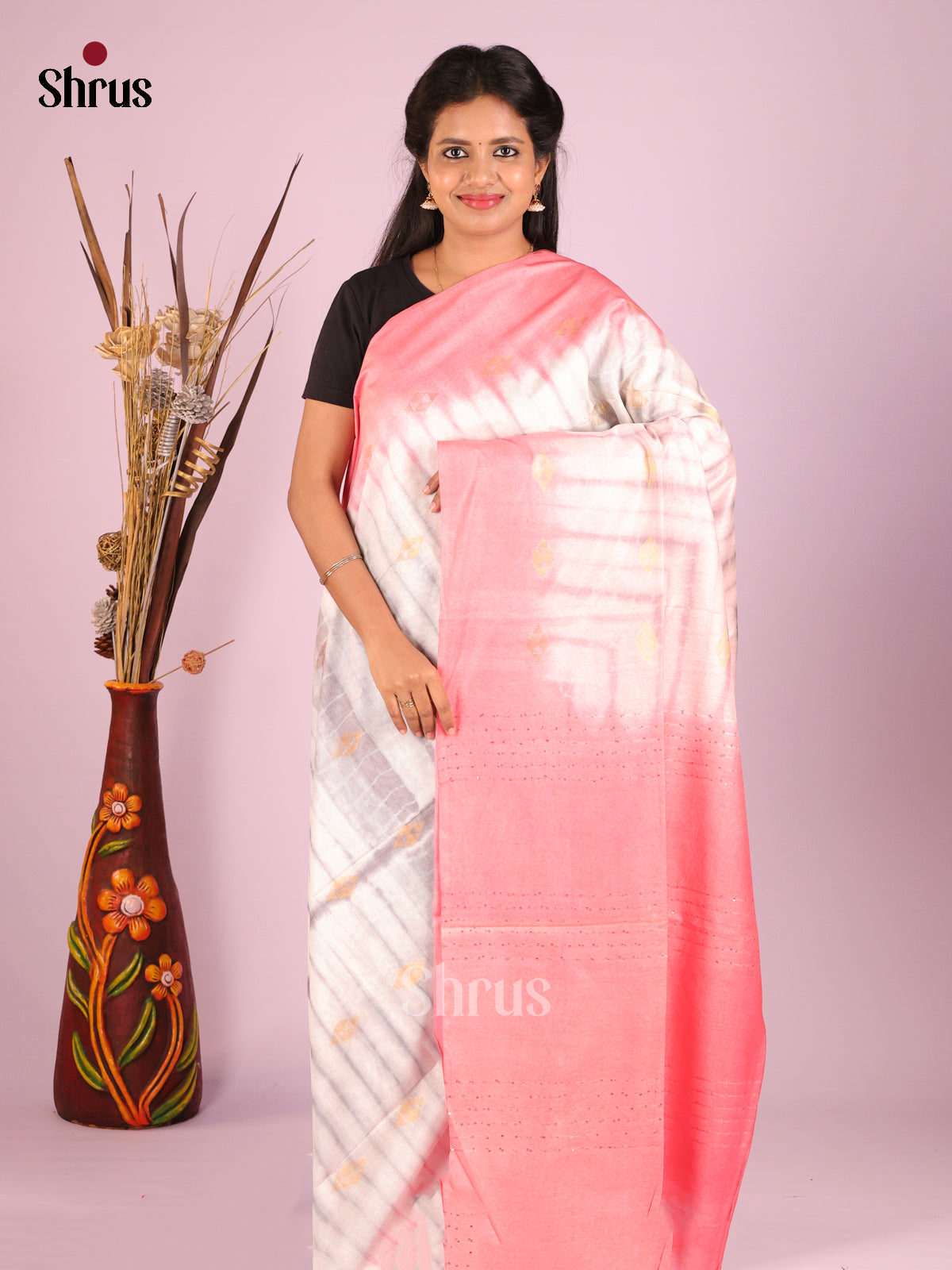 Cream & Pink - Shibori Saree - Shop on Shrus.com