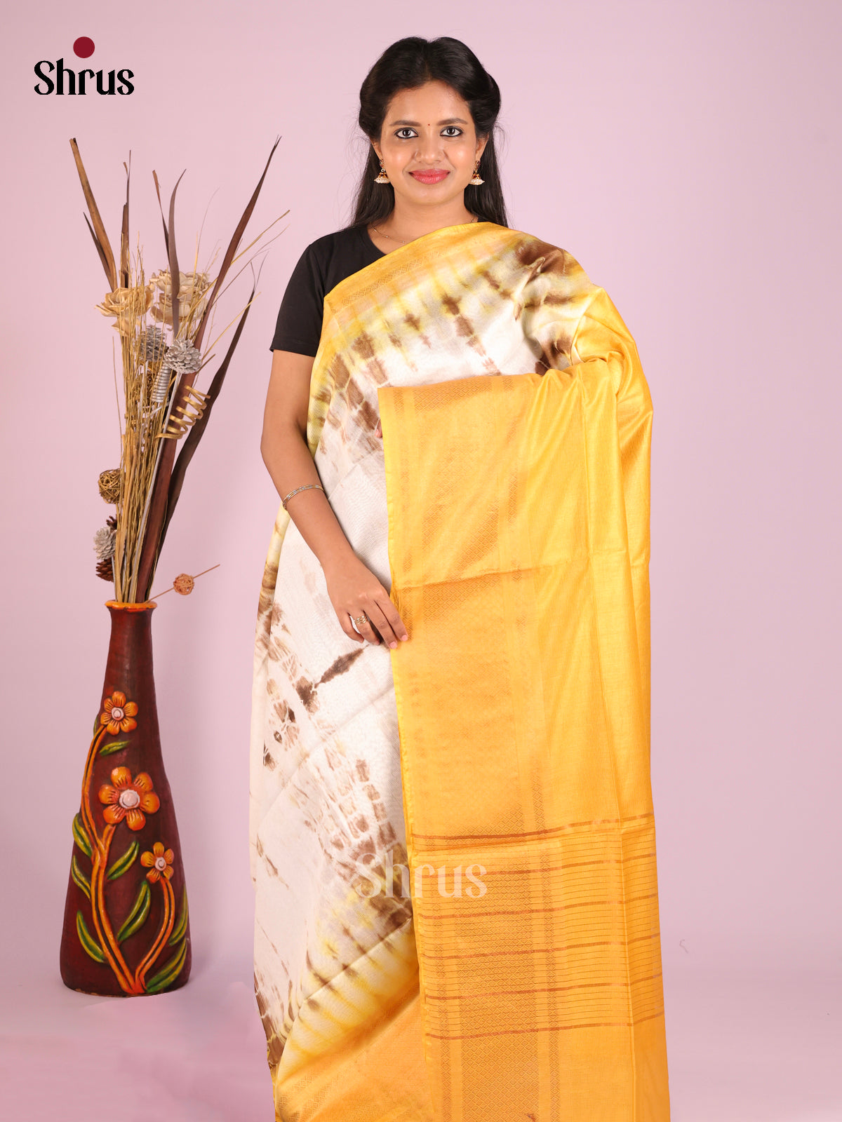 Cream & Mustard - Shibori Saree