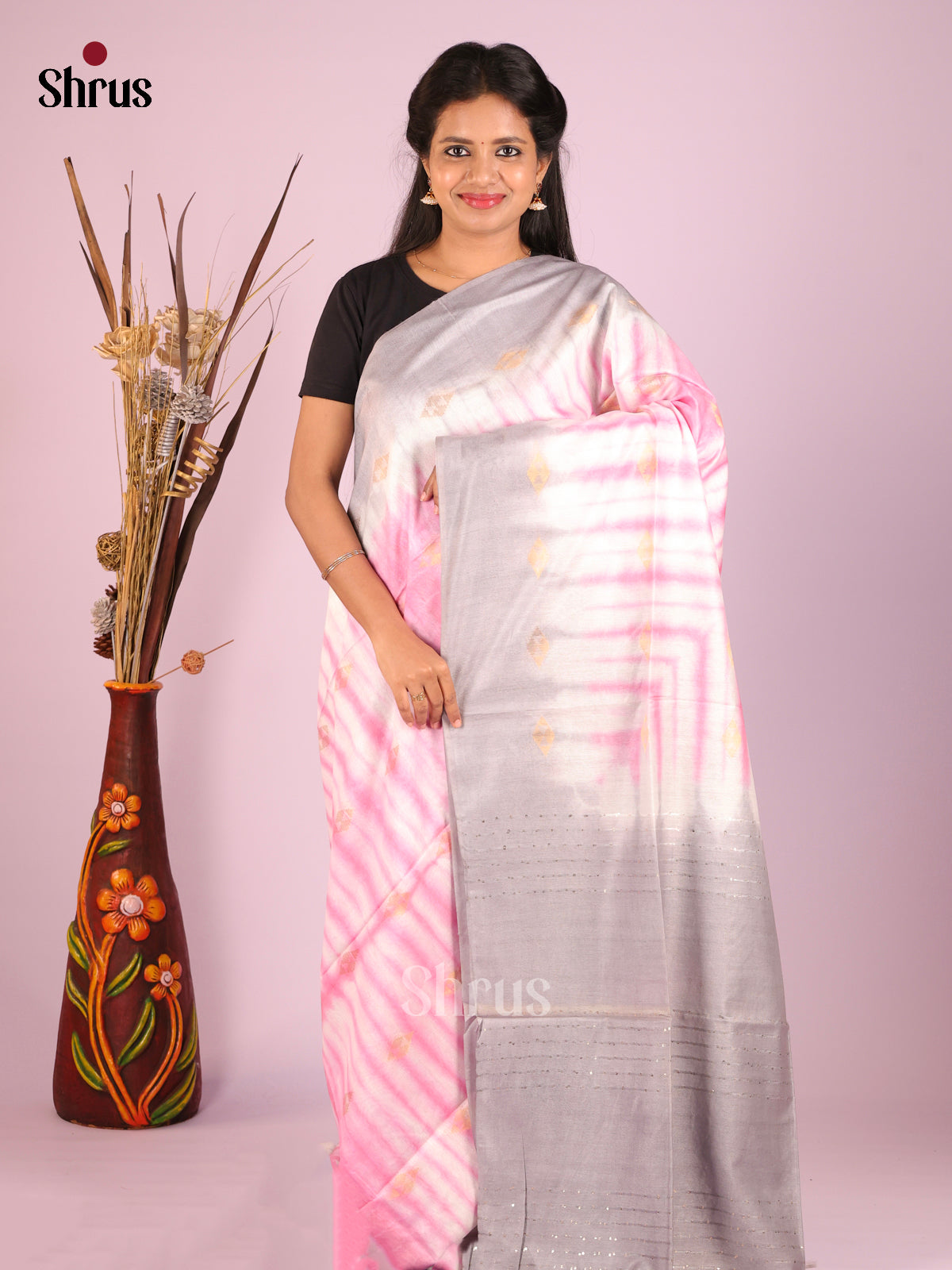 Pink & Grey - Shibori Saree - Shop on Shrus.com