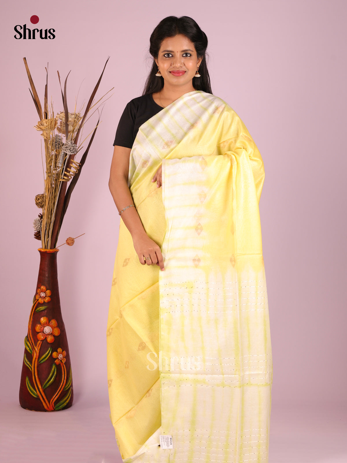 Yellow & Cream- Shibori Saree - Shop on Shrus.com