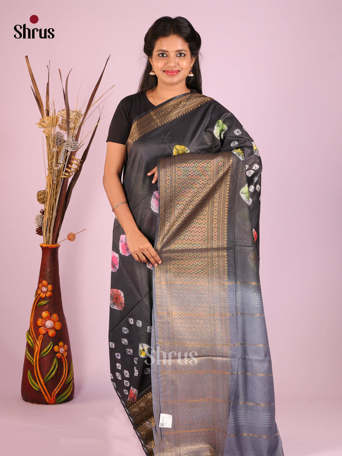 black & Grey - Shibori Saree