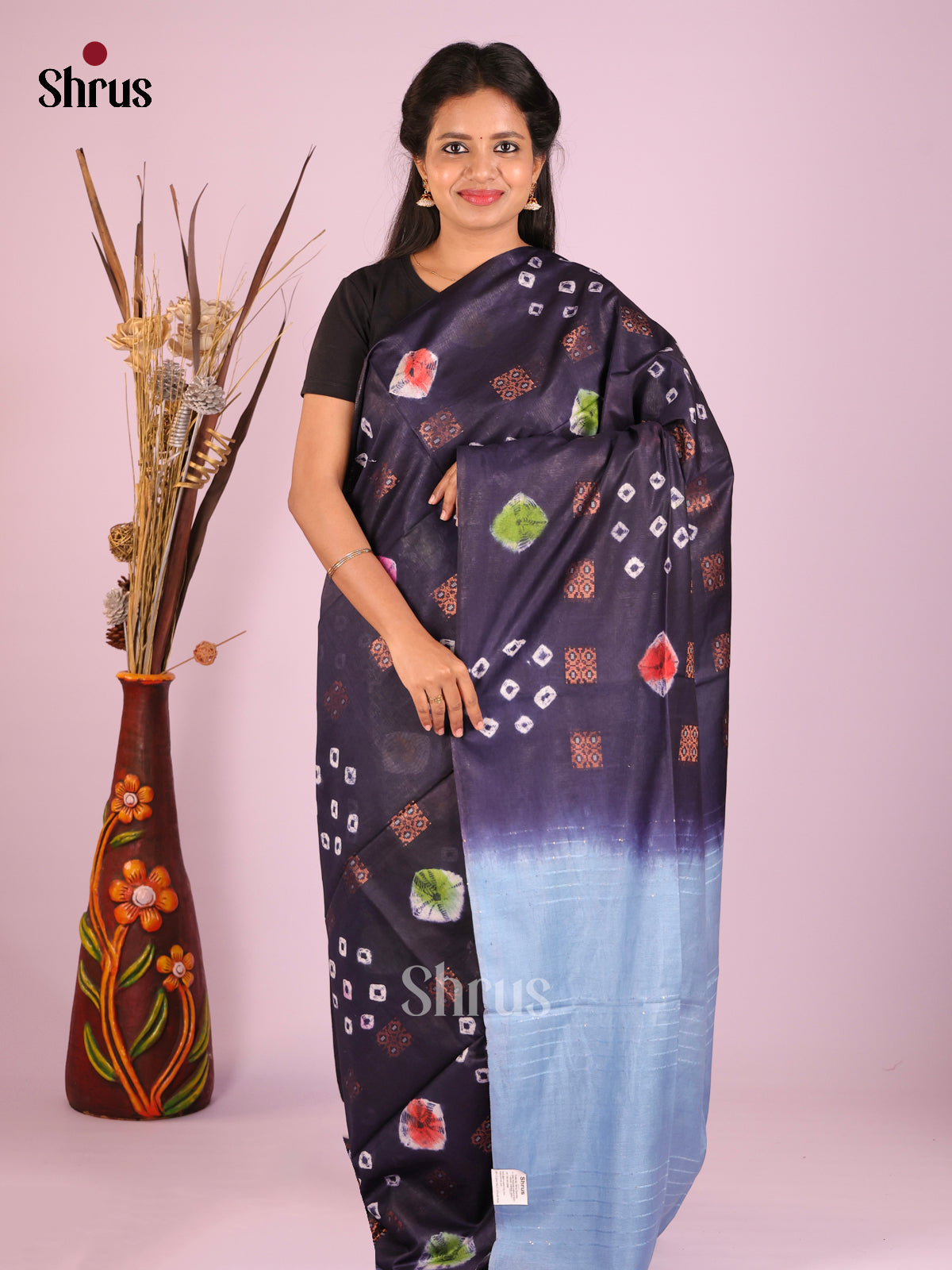 Navy Blue & Light Blue - Shibori Saree - Shop on Shrus.com