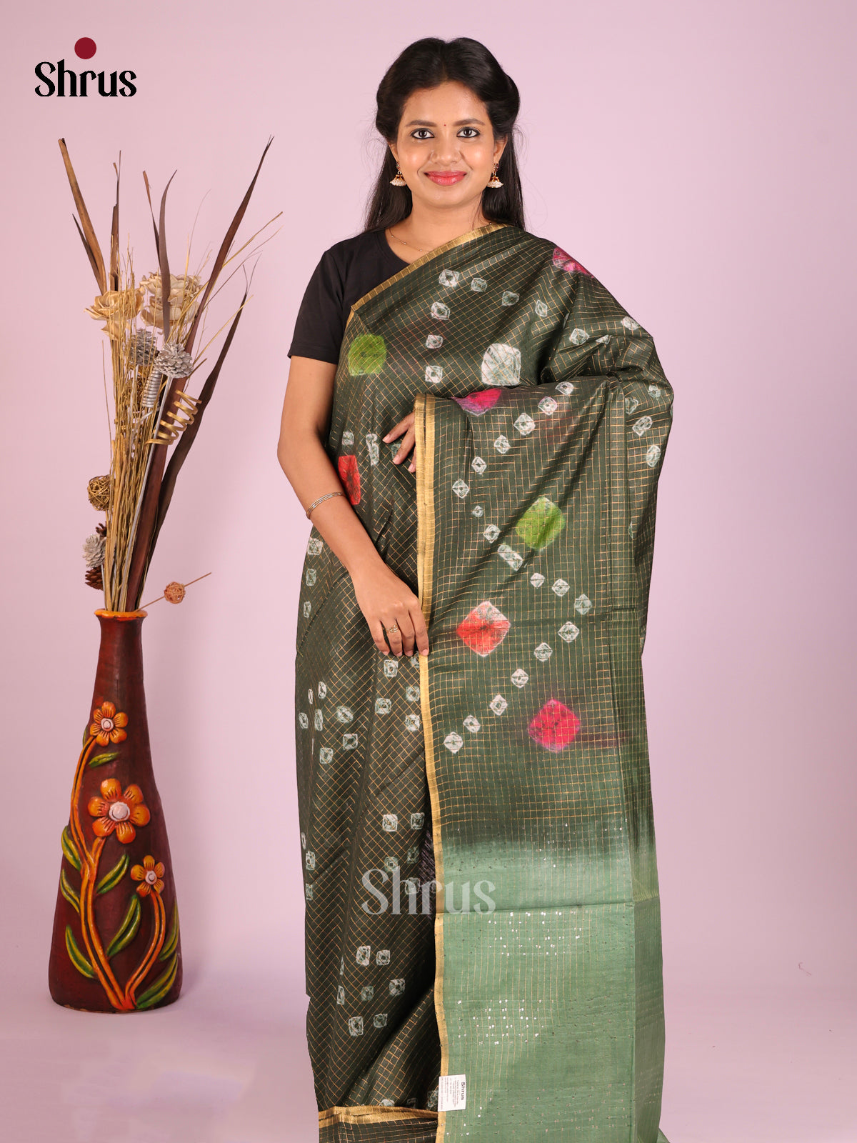 Green & Grey Green - Shibori Saree - Shop on Shrus.com