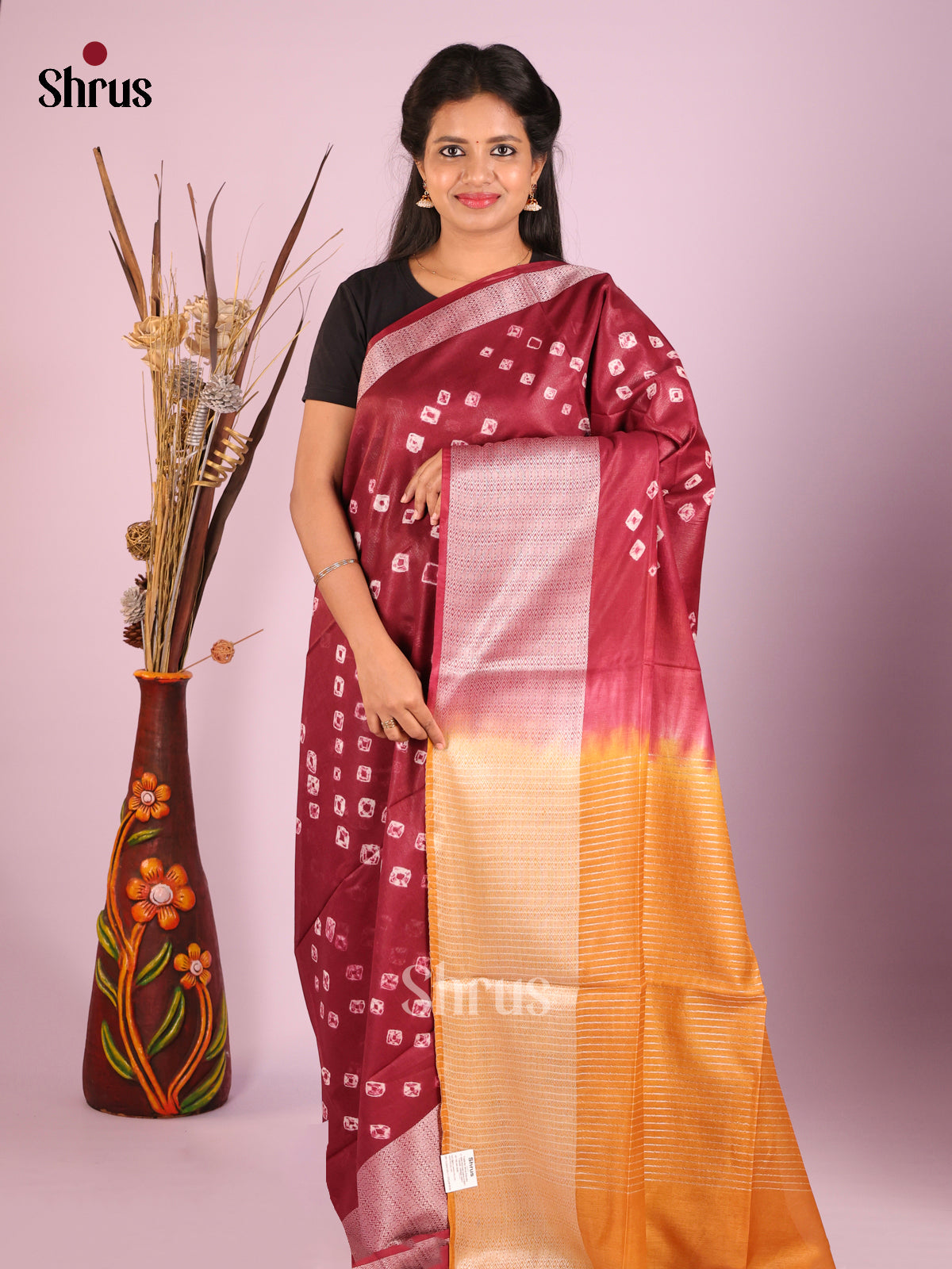 Maroon & Beige- Shibori Saree - Shop on Shrus.com