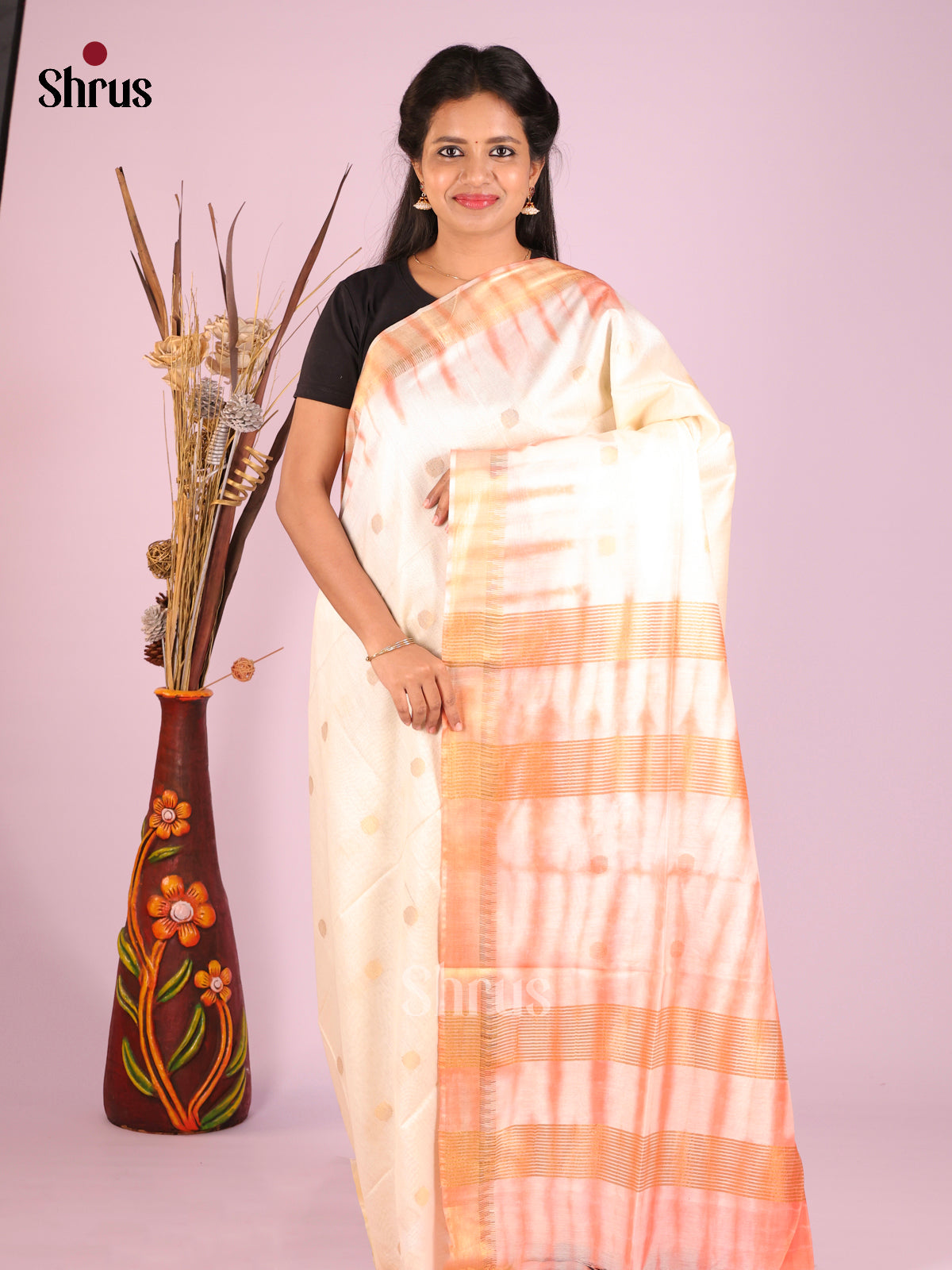 Cream & Orange- Shibori Saree