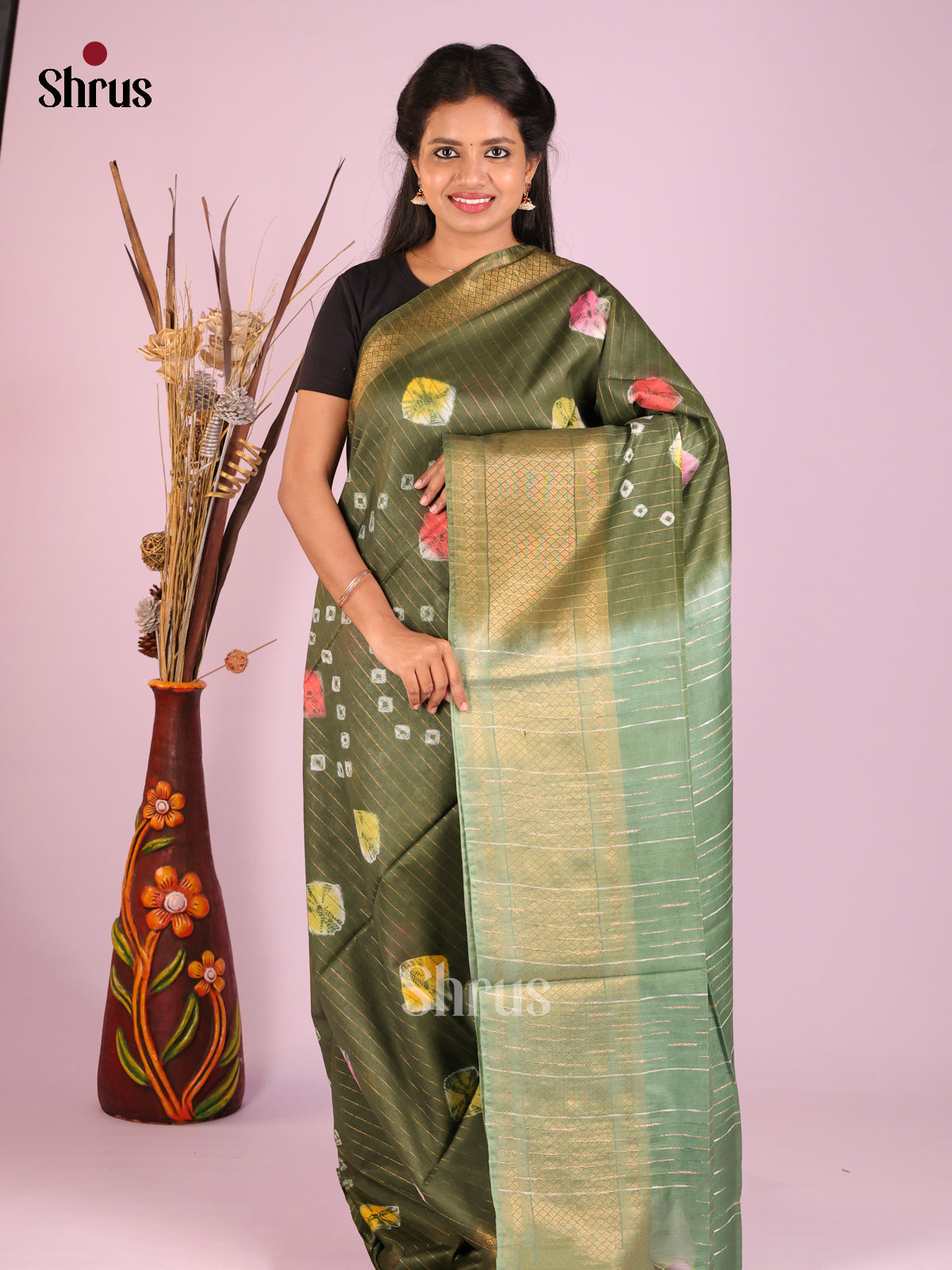 Green & Grey Green - Shibori Saree - Shop on Shrus.com