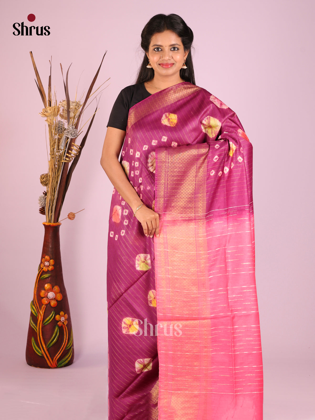 Purple & Pink - Shibori Saree - Shop on Shrus.com