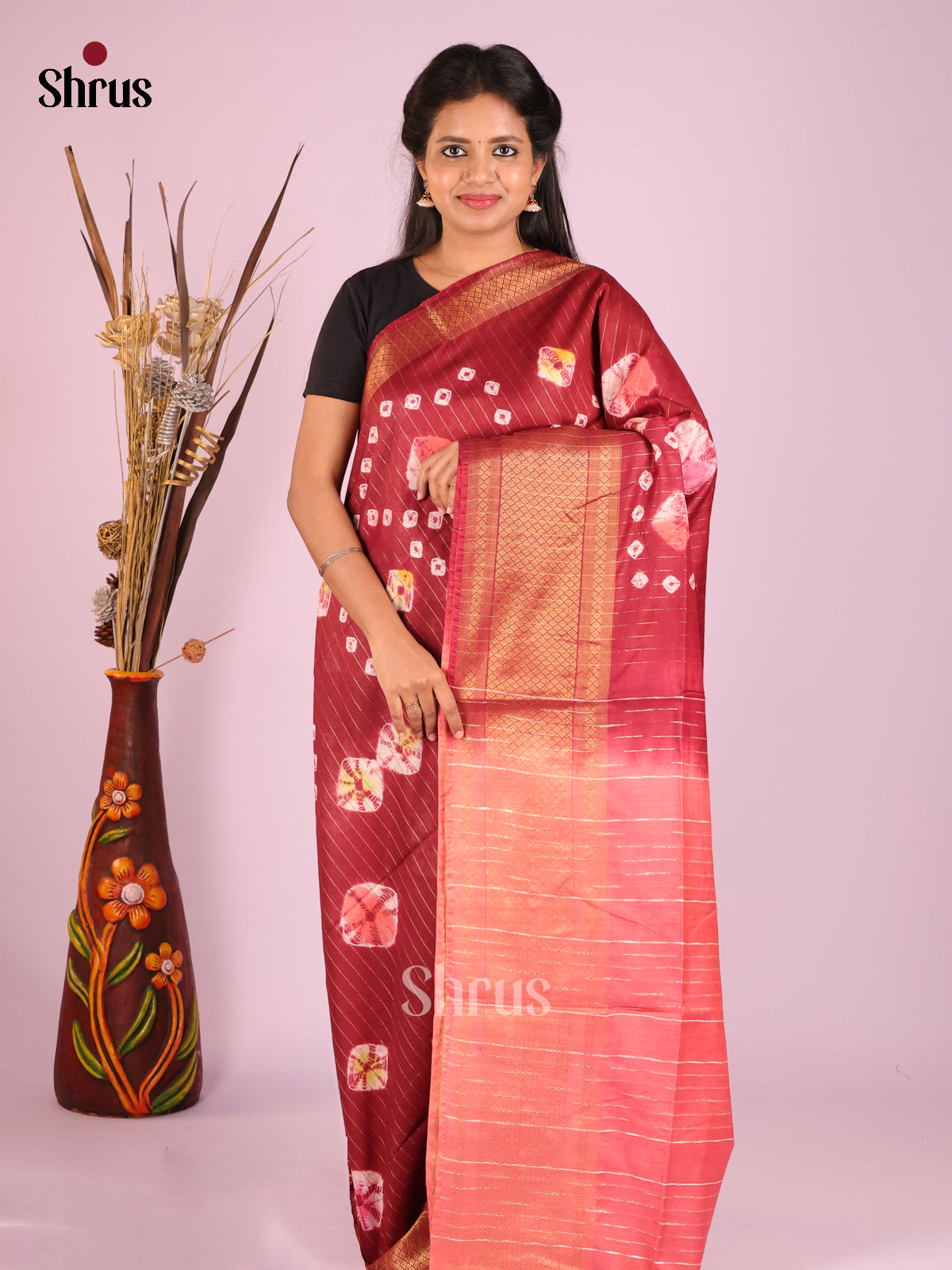 Maroon & Orangish Pink - Shibori Saree - Shop on Shrus.com