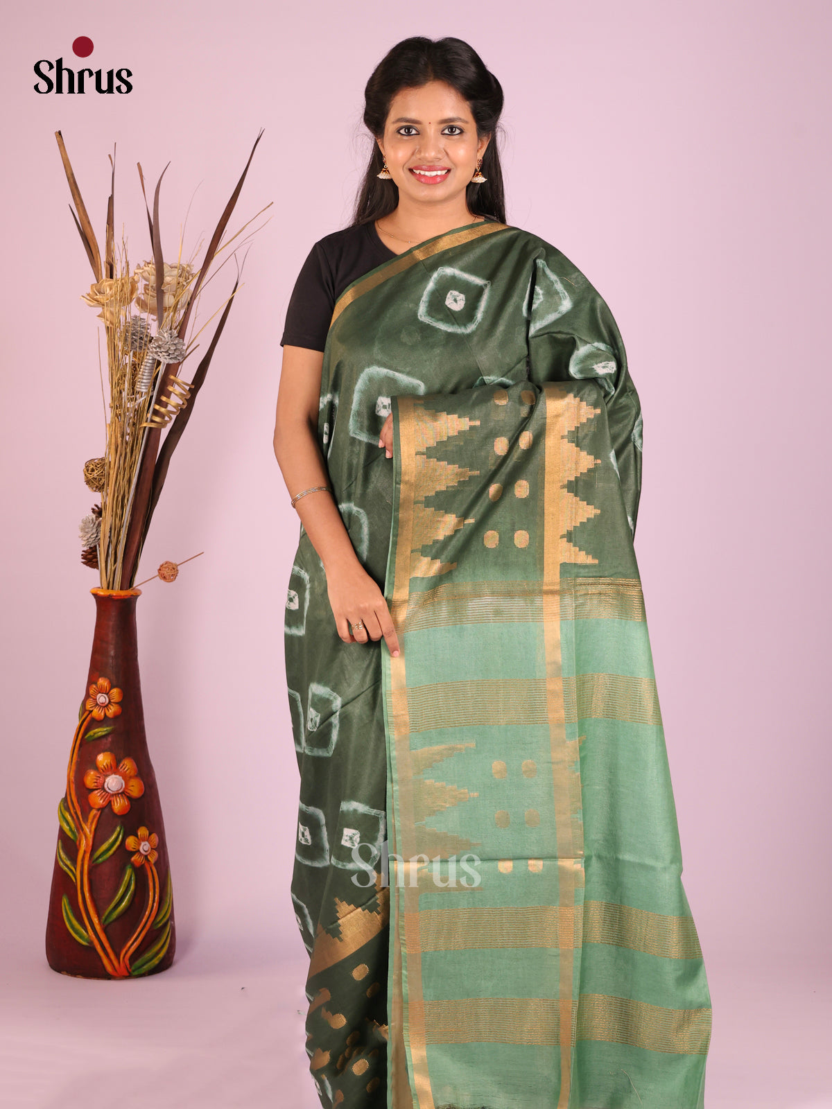 Green & Grey Green - Shibori Saree - Shop on Shrus.com