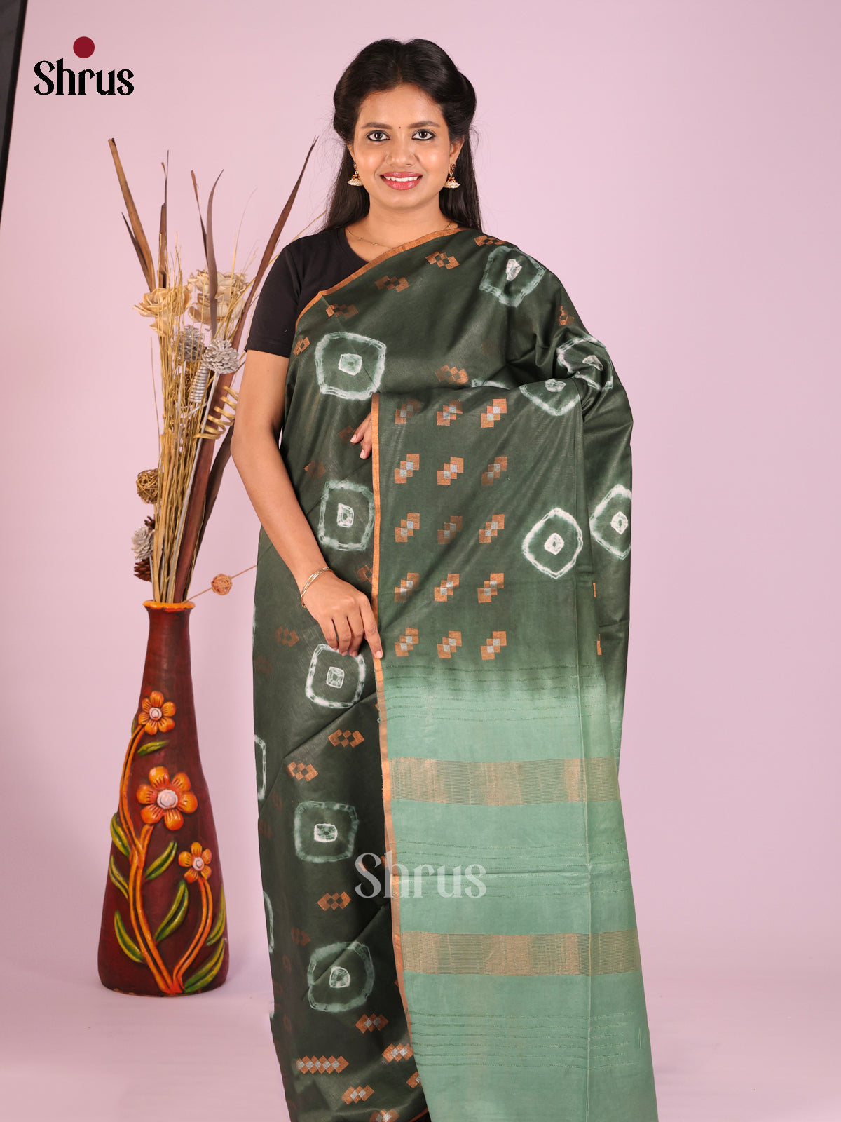 Green & Grey Green- Shibori Saree - Shop on Shrus.com