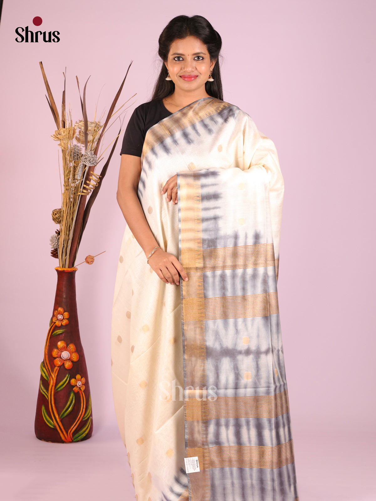 Cream & Grey - Shibori Saree