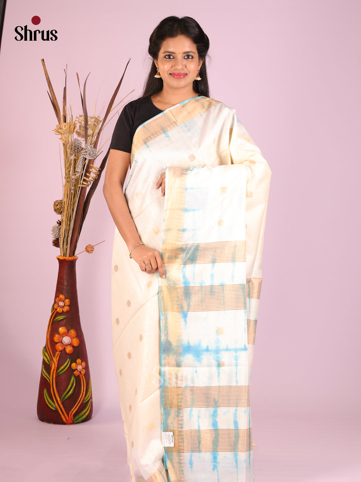Cream & Blue - Shibori Saree