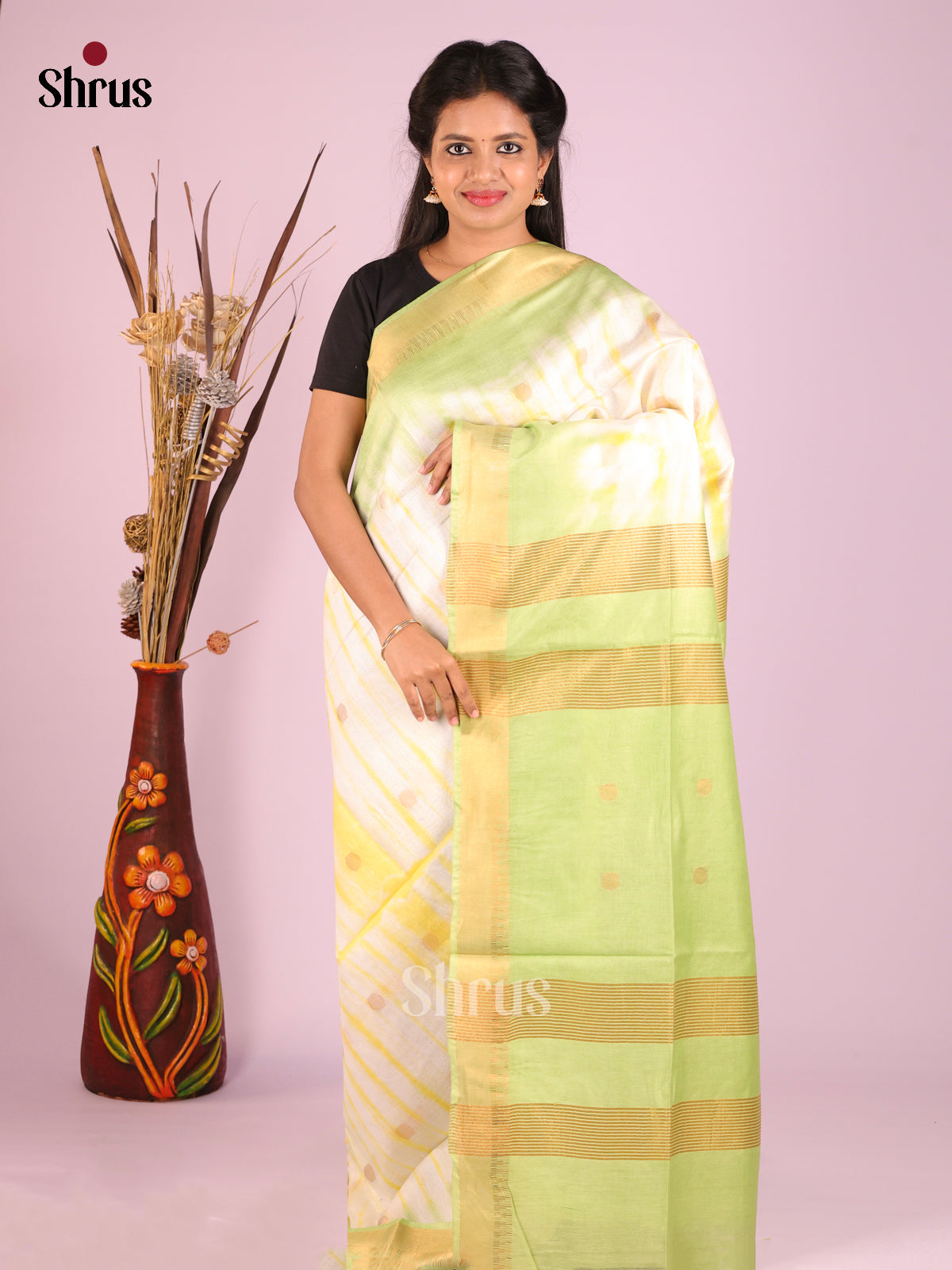 Cream & Green - Shibori Saree