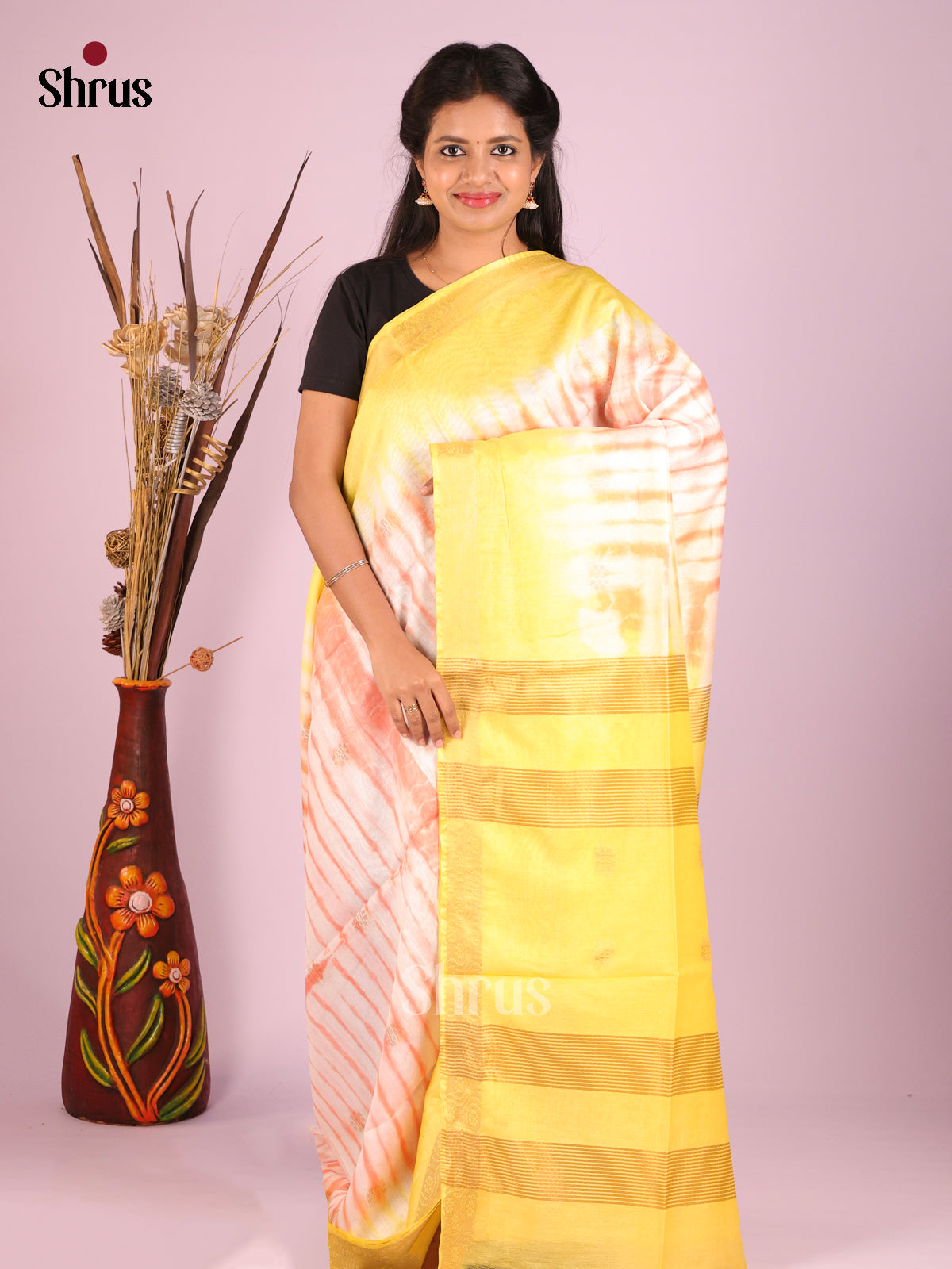 Cream & Yellow - Shibori Saree - Shop on Shrus.com