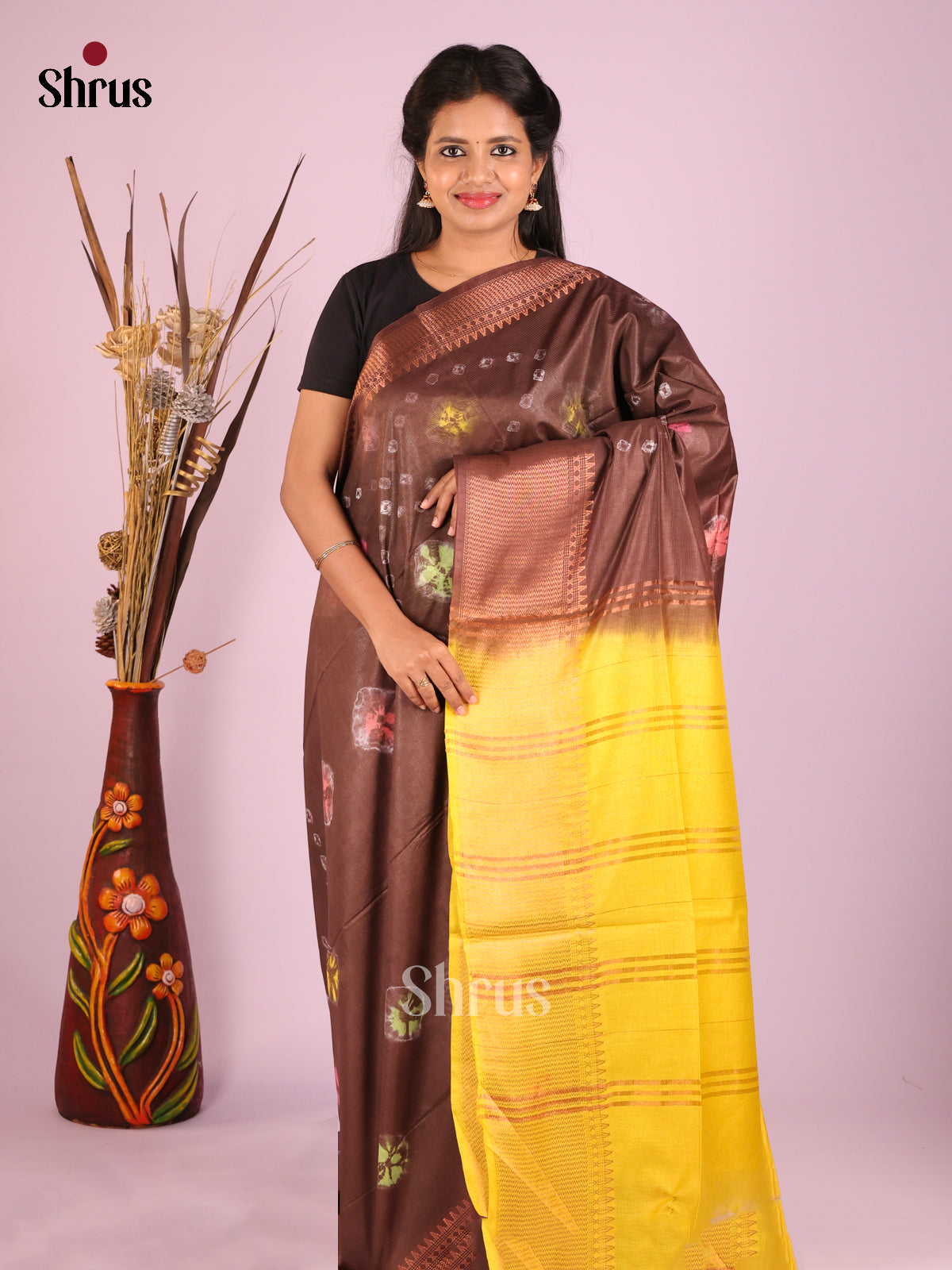 Brown & Yellow- Shibori Saree