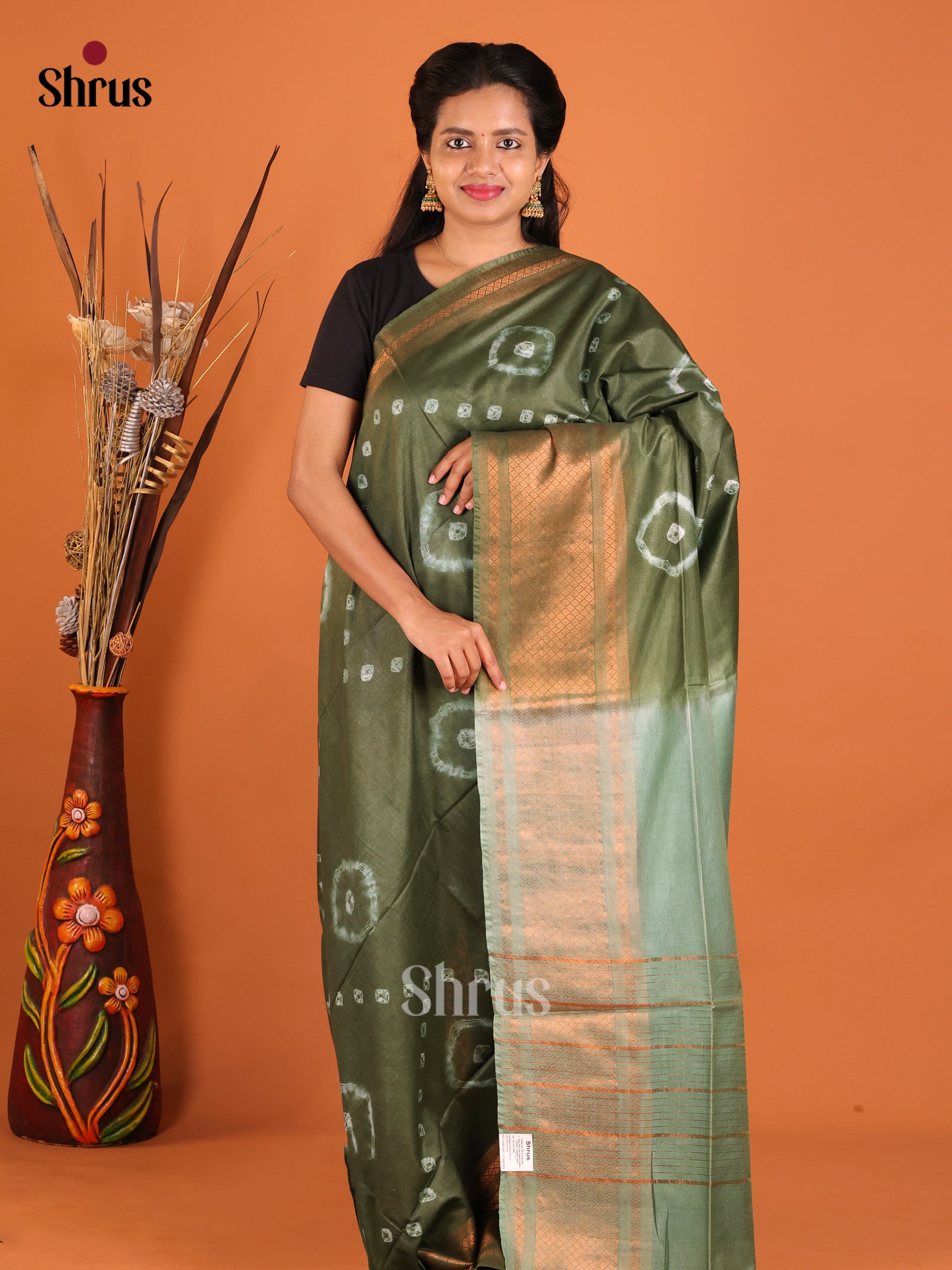 Green & Grey Green - Shibori Saree - Shop on Shrus.com