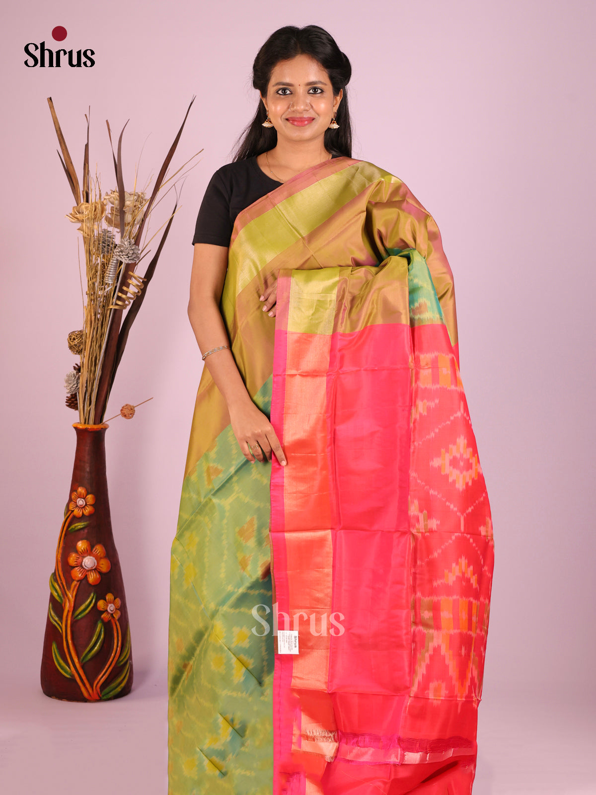 Green & Orangish Pink - Semi uppada Saree - Shop on Shrus.com
