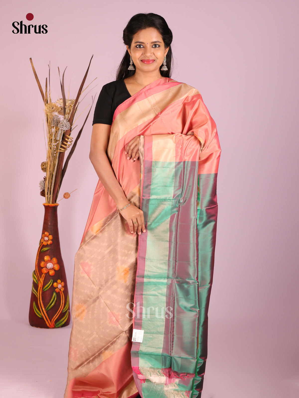Peach & Double Shaded Green - Semi uppada Saree - Shop on Shrus.com