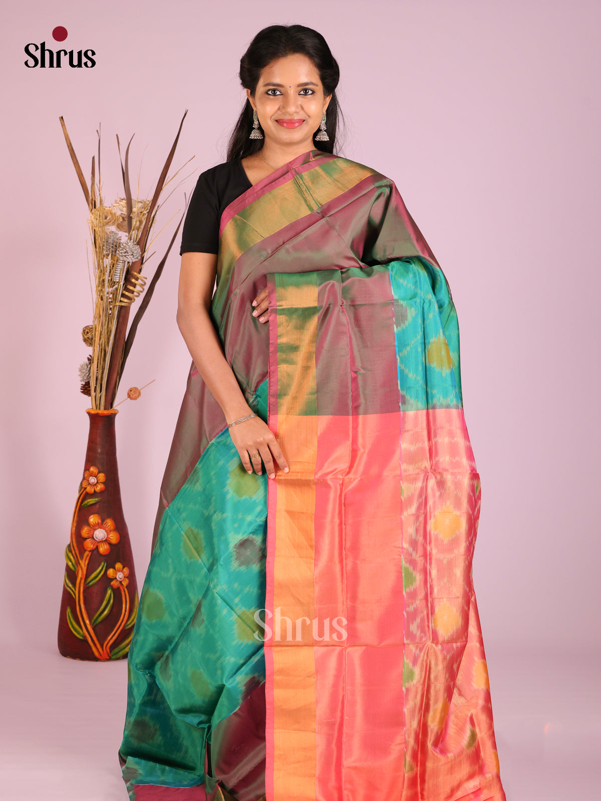 Green & Orange - Semi uppada Saree - Shop on Shrus.com